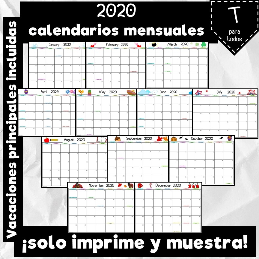 2020 monthly printable full page calendars english spanish made by teachers