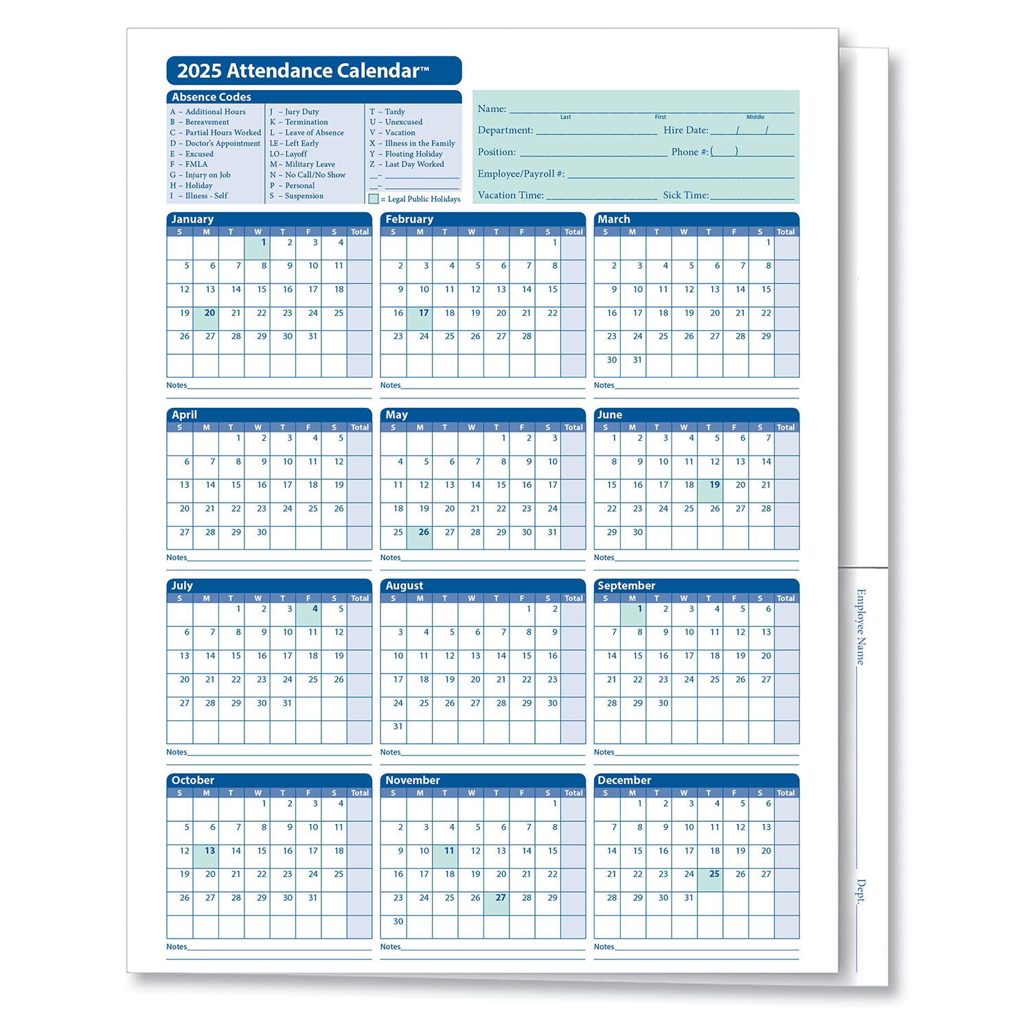 2025 Attendance Calendar Folder HRdirect