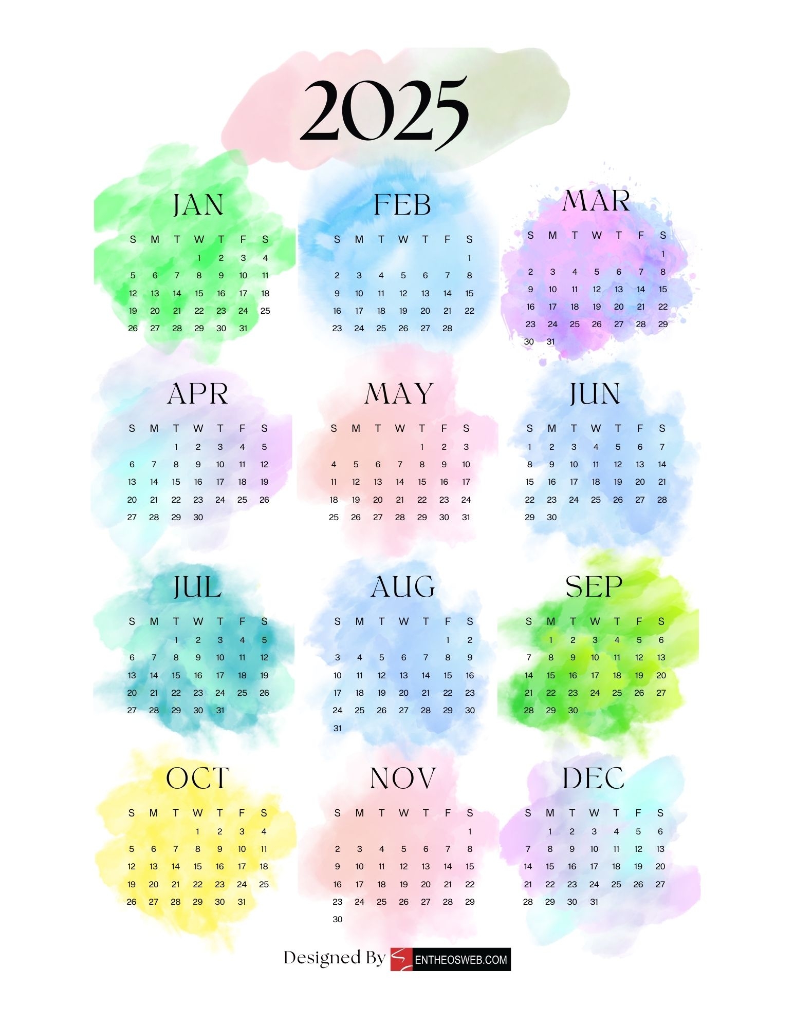12 Months Calendar 2025 Printable