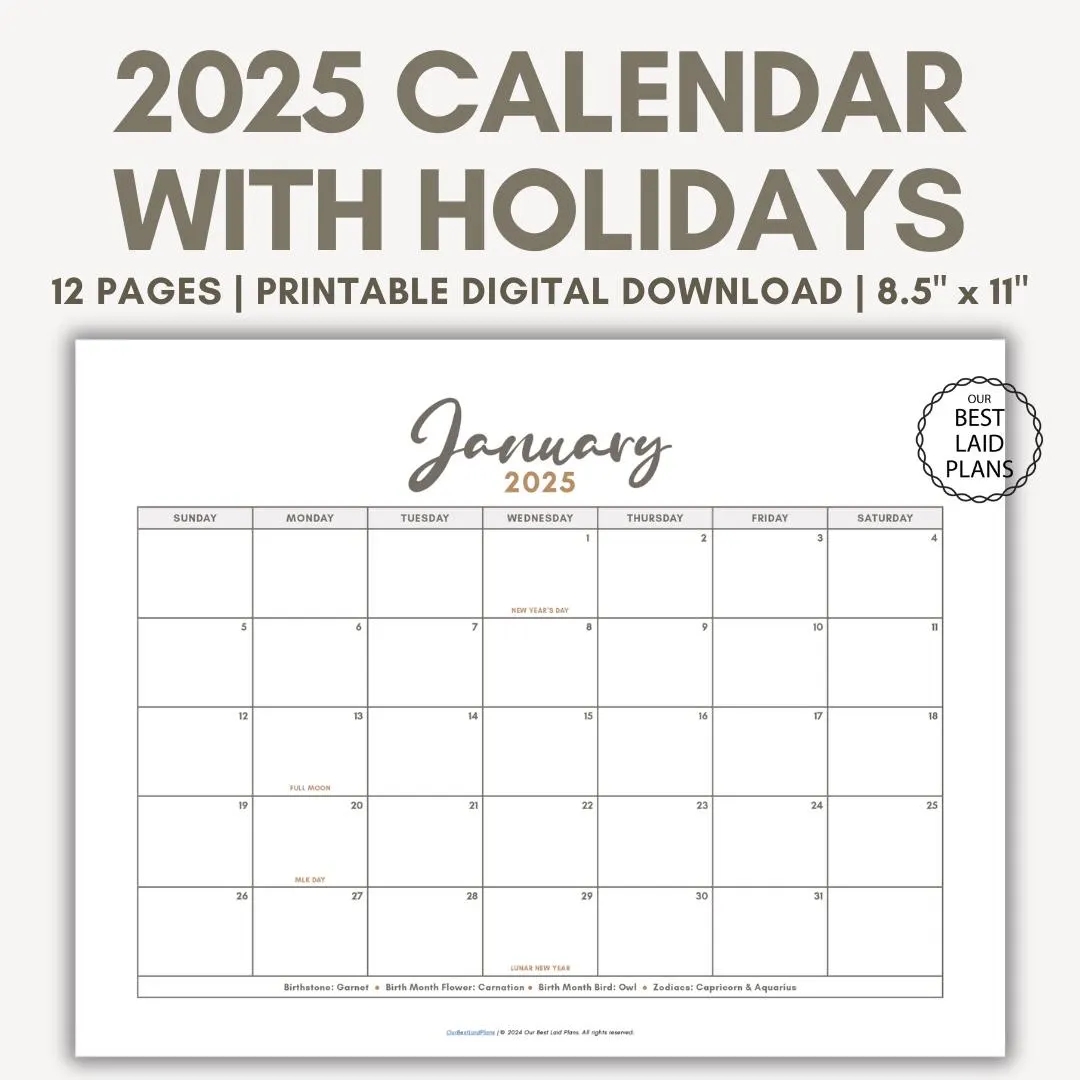 2025 Calendar Printable PDF 2025 Monthly Bundle Calendar Printable Year Annual 2025 Printable Calendar Landscape 2025 Calendar With Holidays Etsy