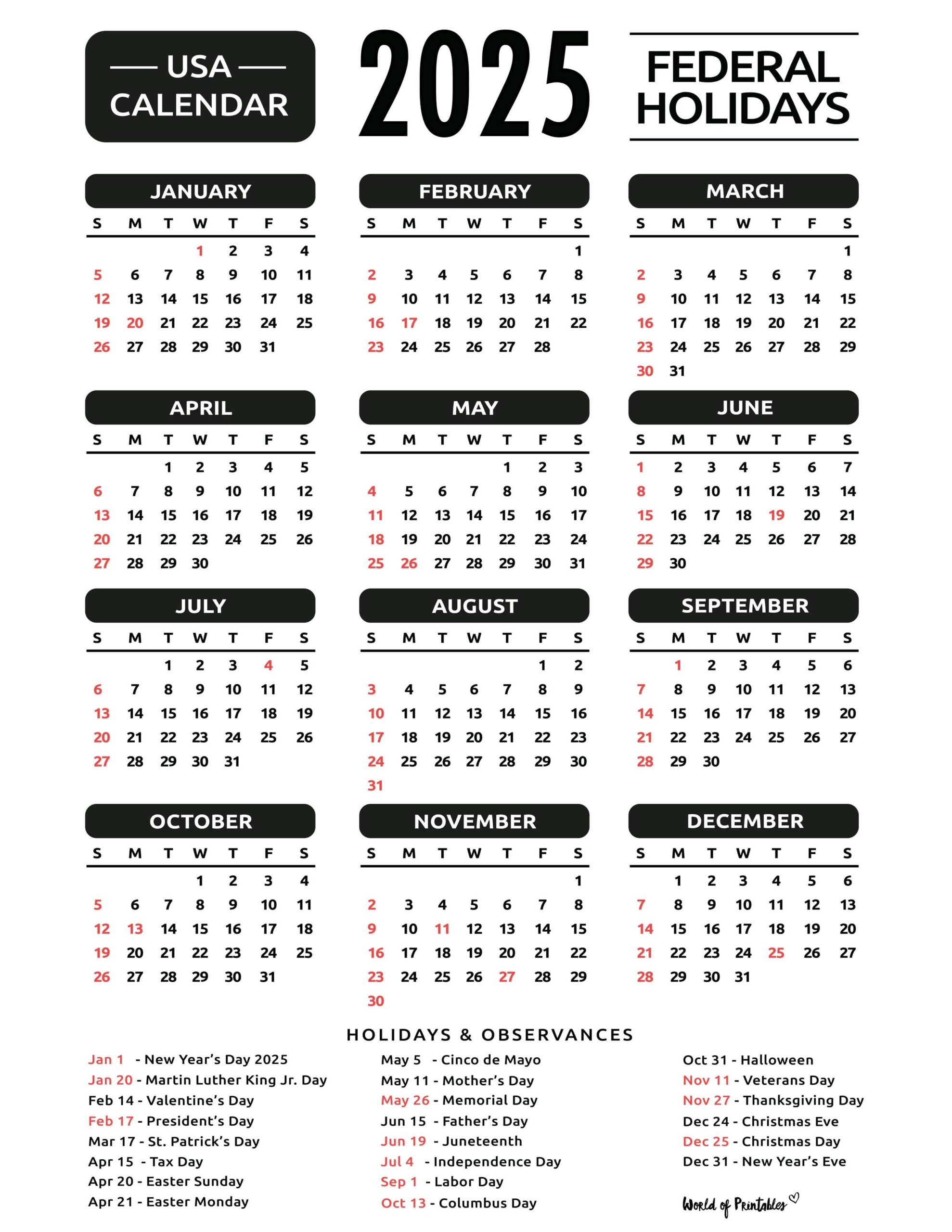 Free Calendar 2025 Printable With Holidays