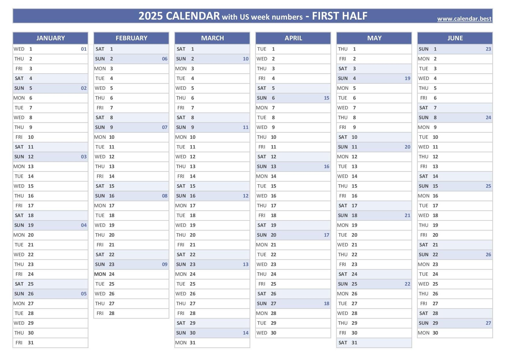 2025 Half Year Calendar To Print