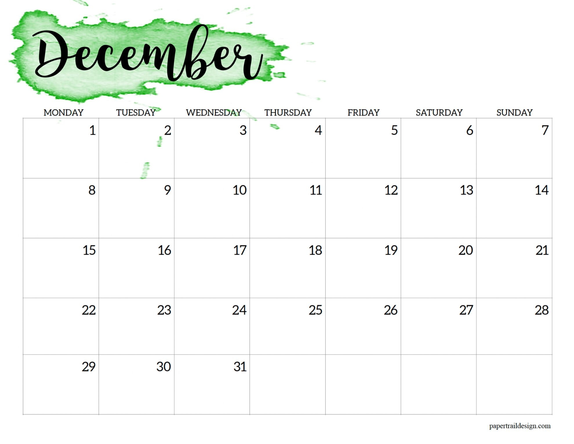 Free Printable December 2025 Calendar