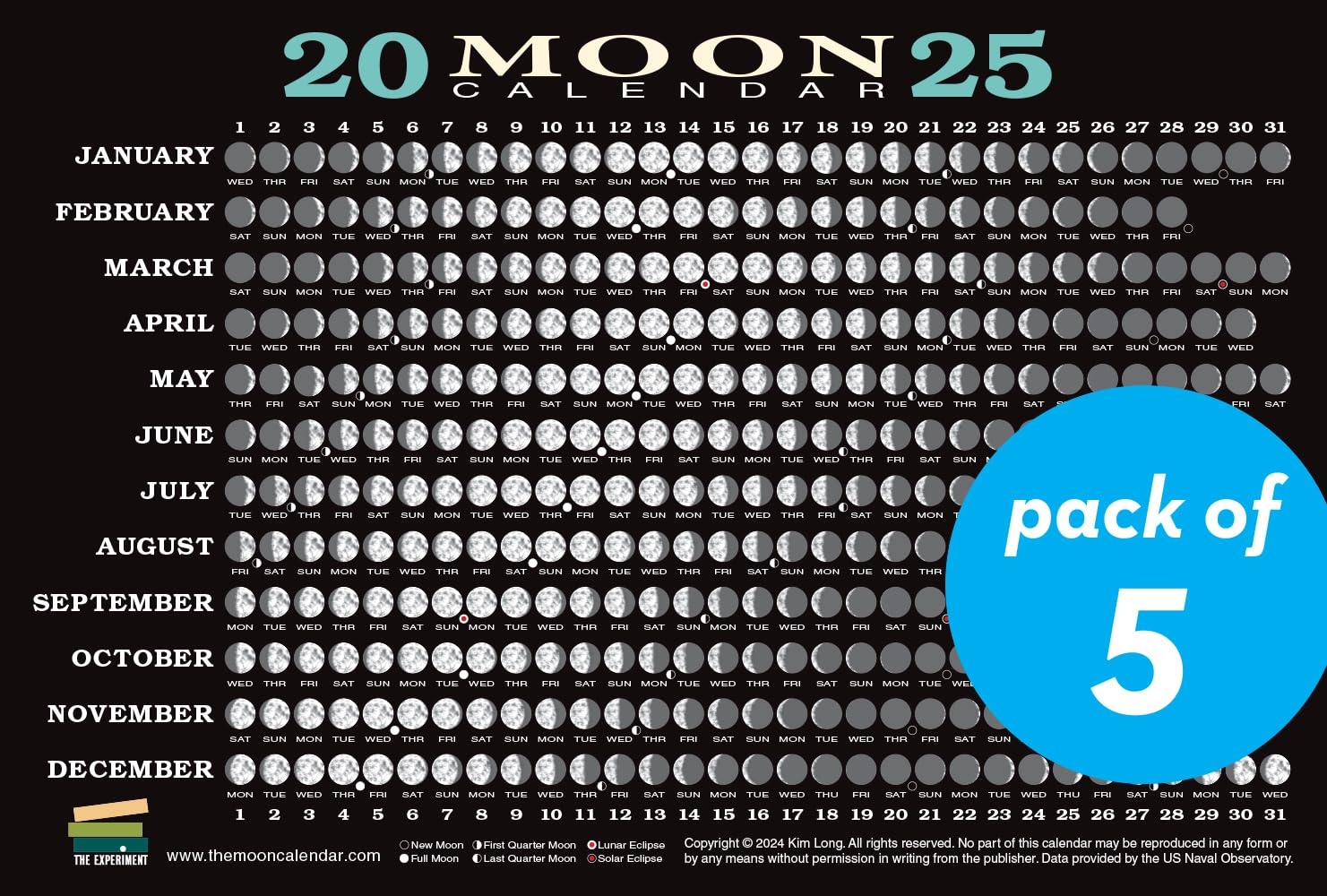 2025 Moon Calendar Card 5 Pack Lunar Phases Eclipses And More Long Kim 9781891011528 Amazon Books
