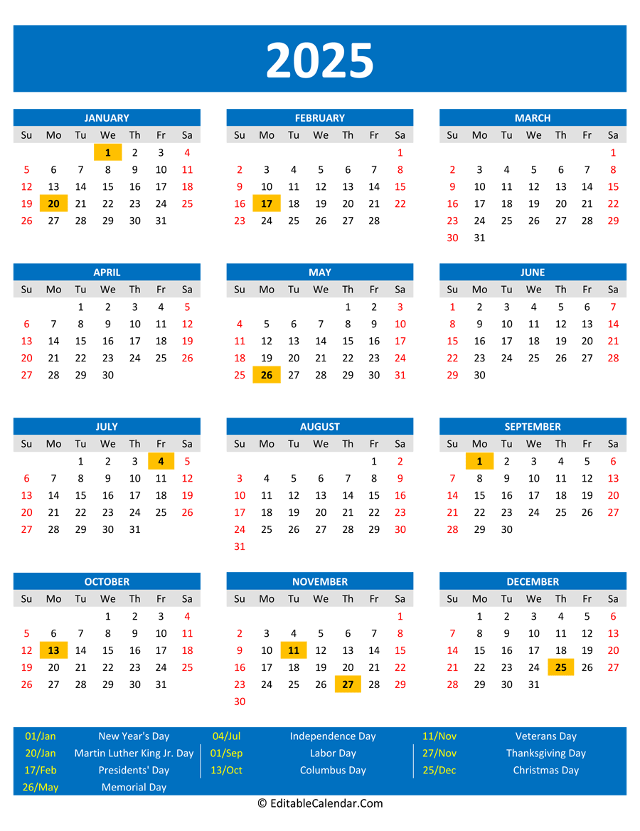 2025 Printable Calendar With Holidays Portrait Orientation 