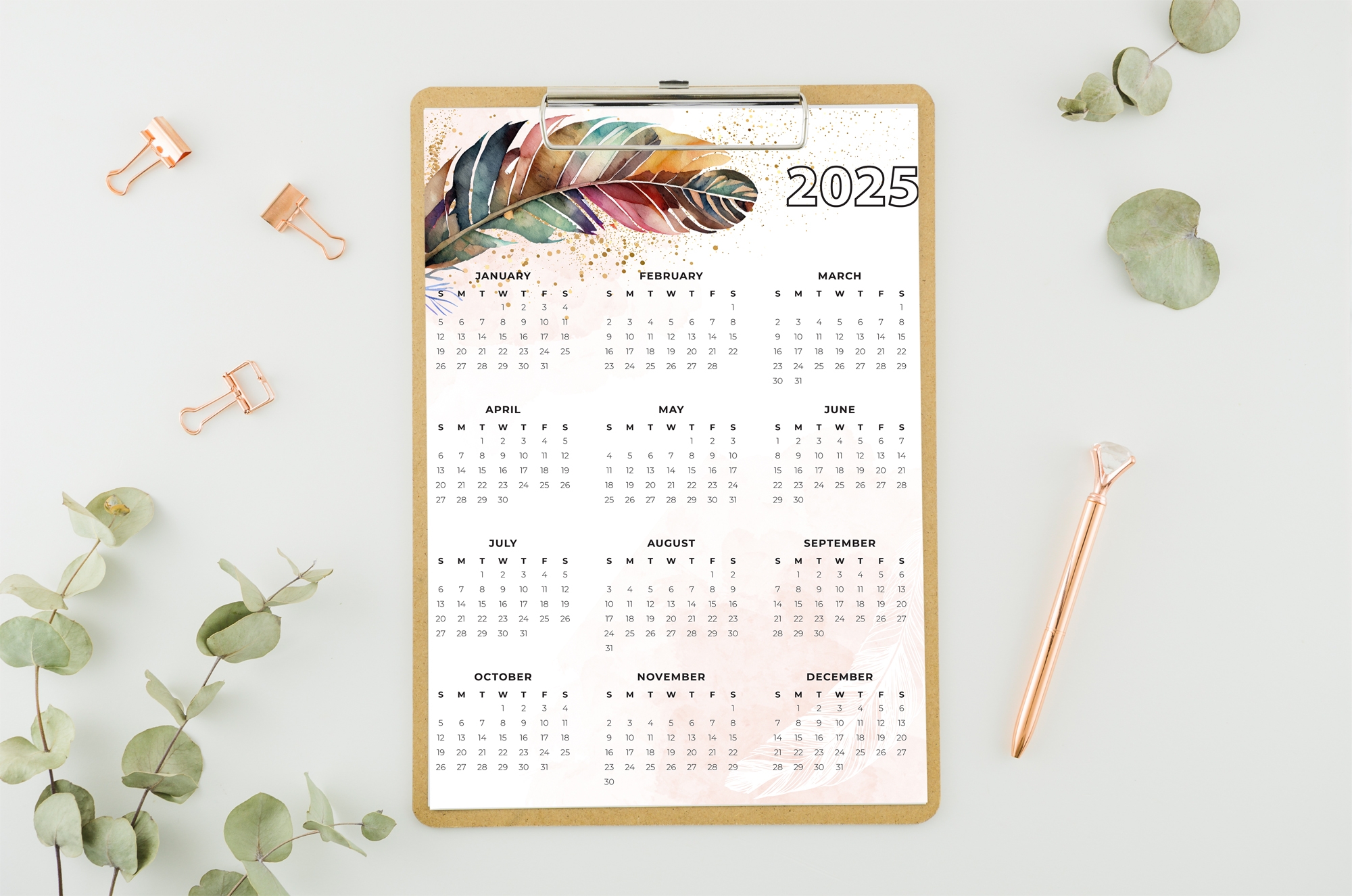 2025 printable calendar year at a glance boho feather watercolor 16 x 20 8 x 10 instant download portrait planner printables by cottonwood whispers