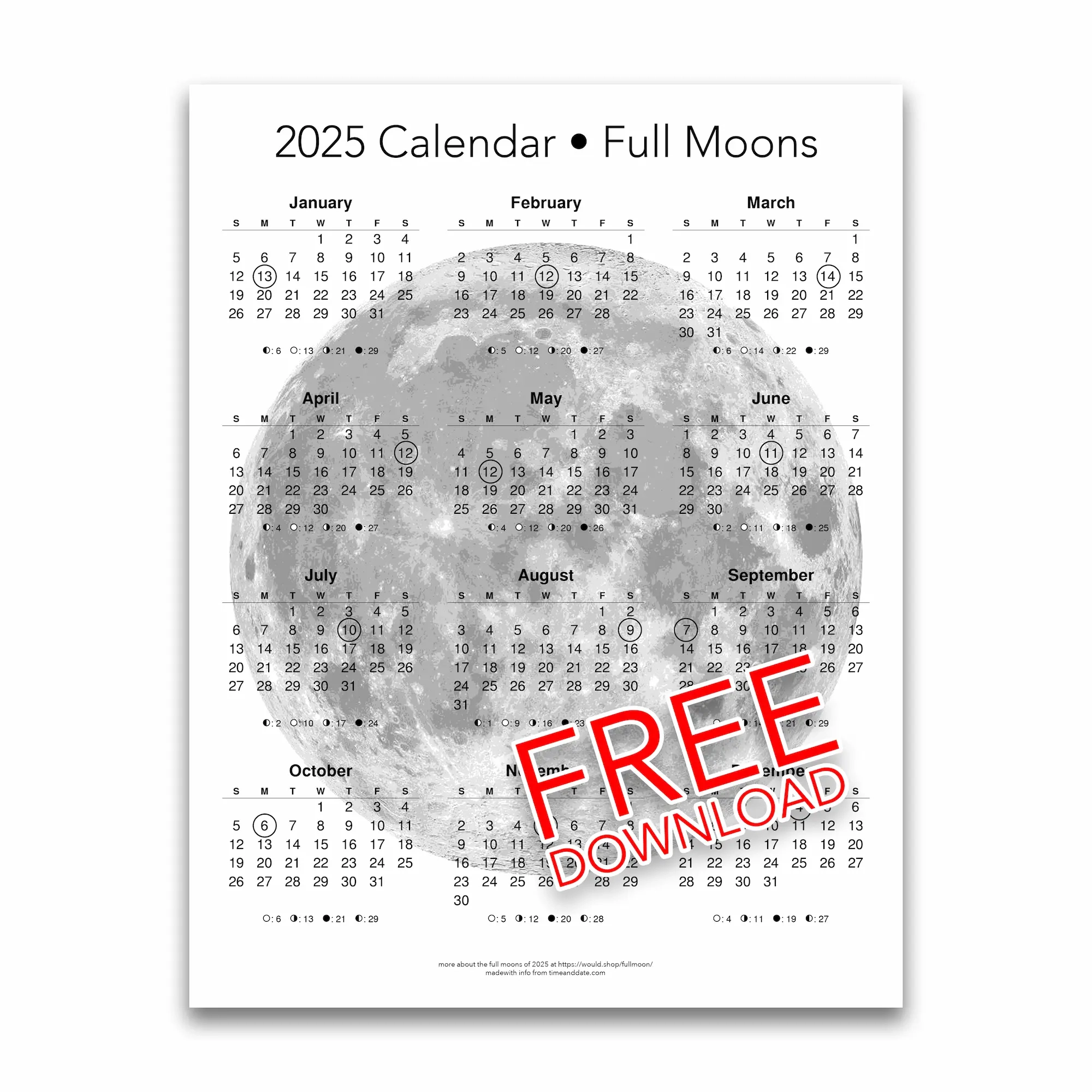 2025 Printable Moon Calendar With Full Moons Circled FREE Download The Would Shop