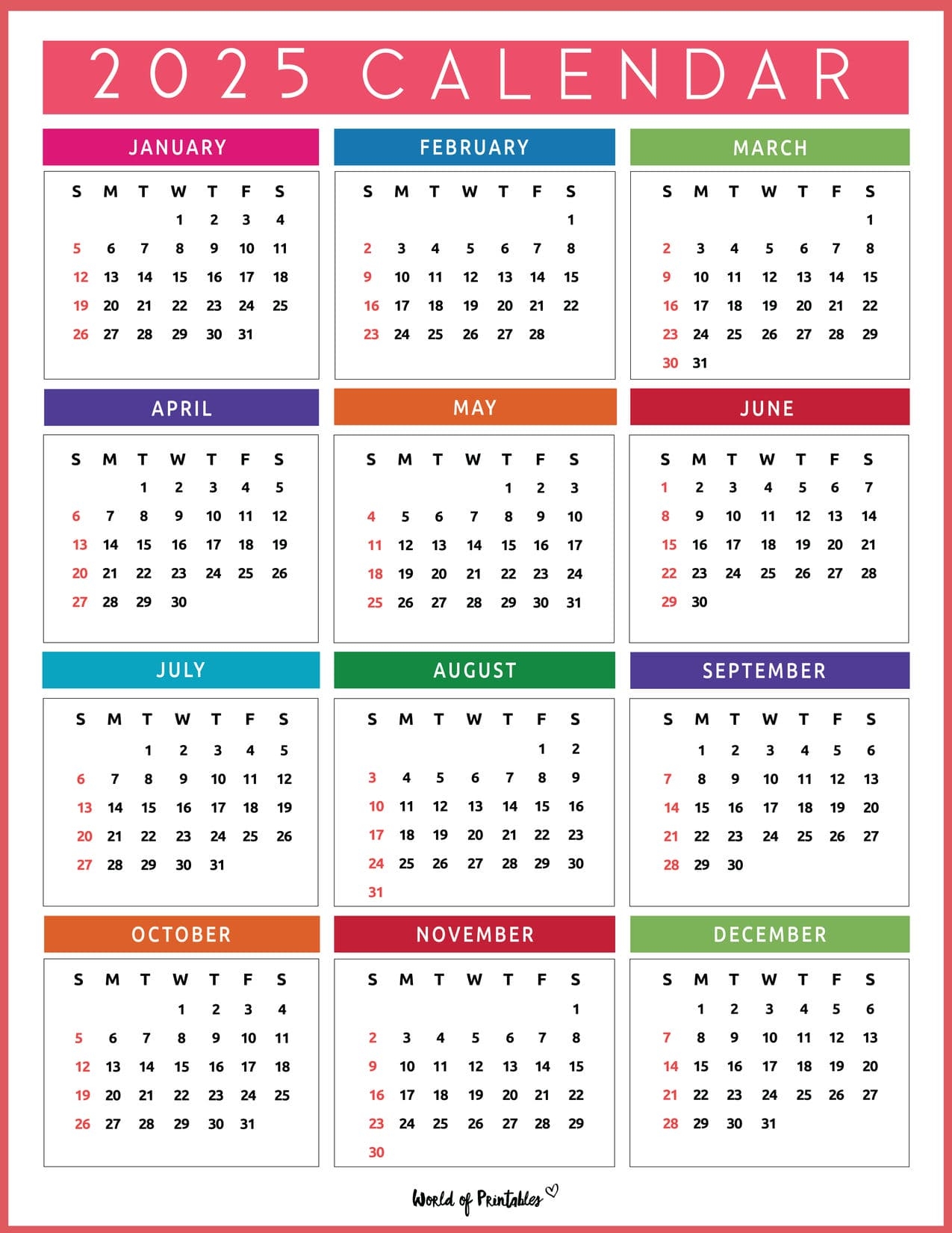 12 Month Printable Calendar 2025 One Page