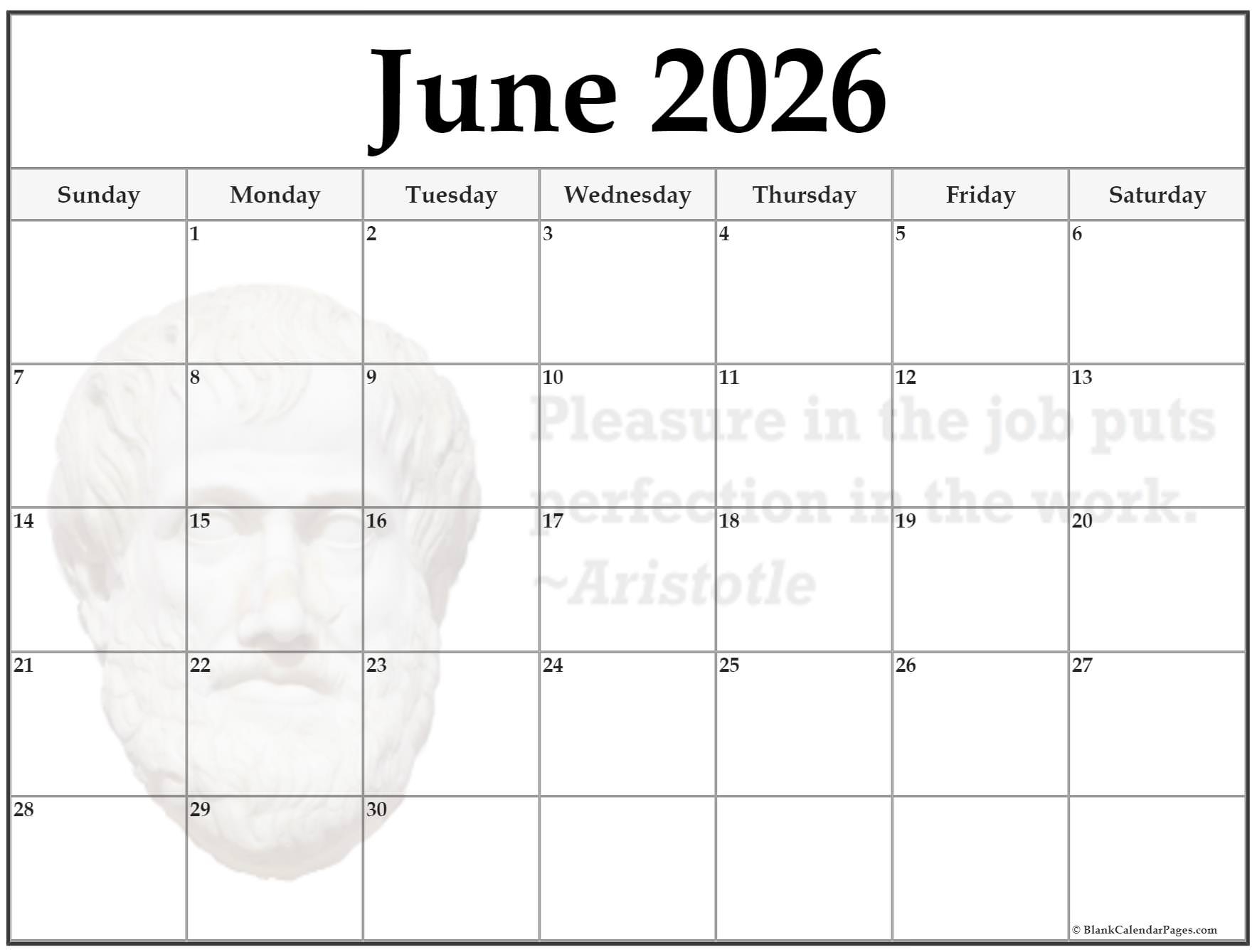 Calendar June 2026 Printable