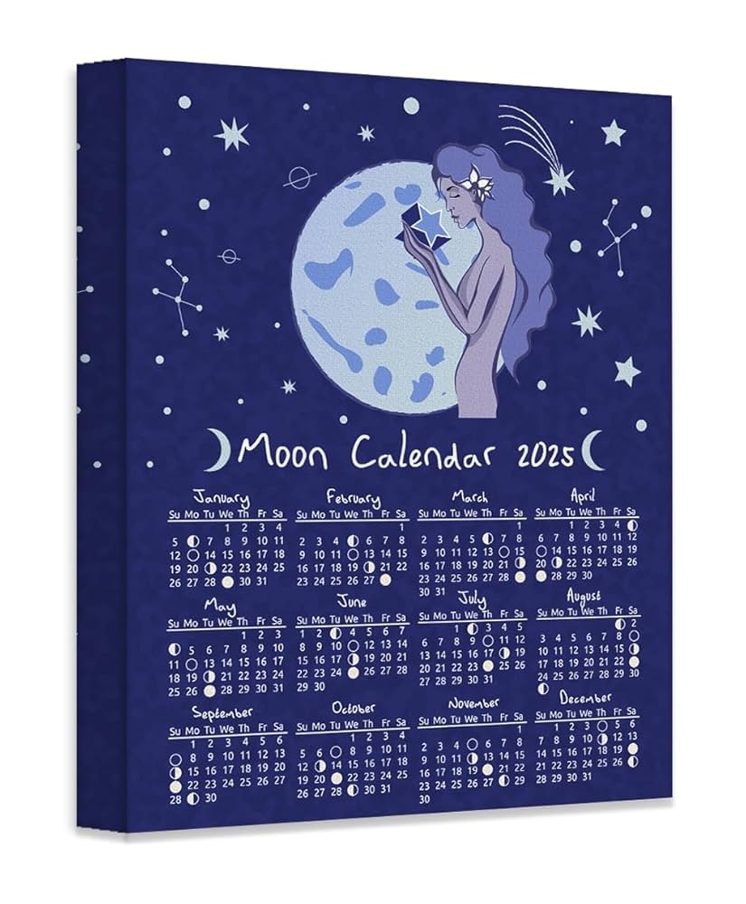 Amazon 2025 Calendar 16x20 Stretched Canvas Moon Phases Lunar Poster Astrology Wall Art Celestial Calendar 2025 Moon Cycle Chart Lunar Phase Tracker Whimsical Wall Calendar Zodiac Constellation Art Home Kitchen