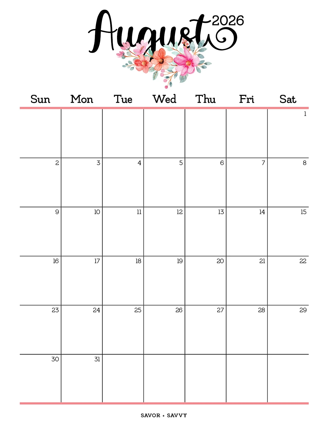 Printable Kids Calendar August 2026