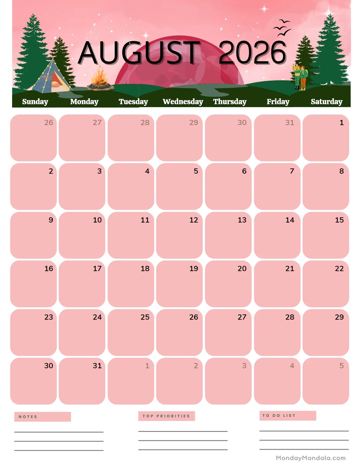 Blank Calendar Aug 2026 Printable