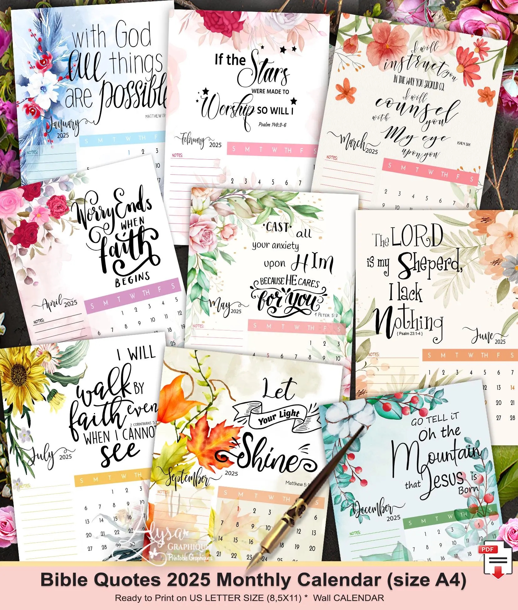 Calendar 2025 Christian Calendar 2025 PRINTABLE Calendar 2025 Wall Floral Calendar 2025 Calendar 2025 Digital Floral Monthly Calendar Etsy