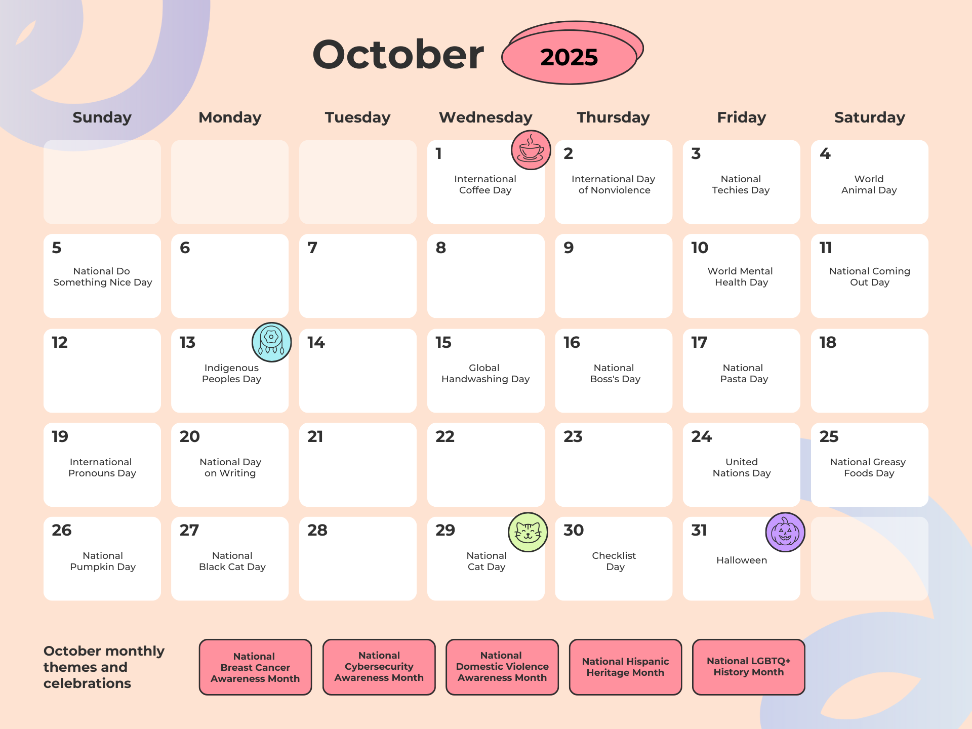 Daily Holidays Blog October 2025 Printable Calendar