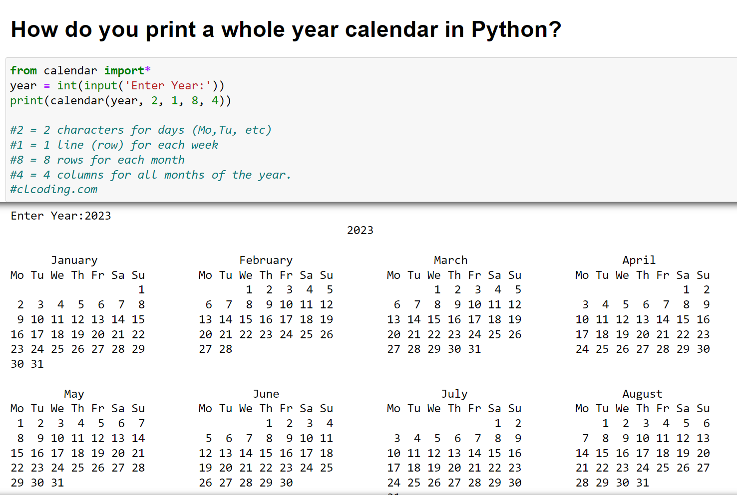 Day 90 Whole Year Calendar In Python Computer Languages clcoding 
