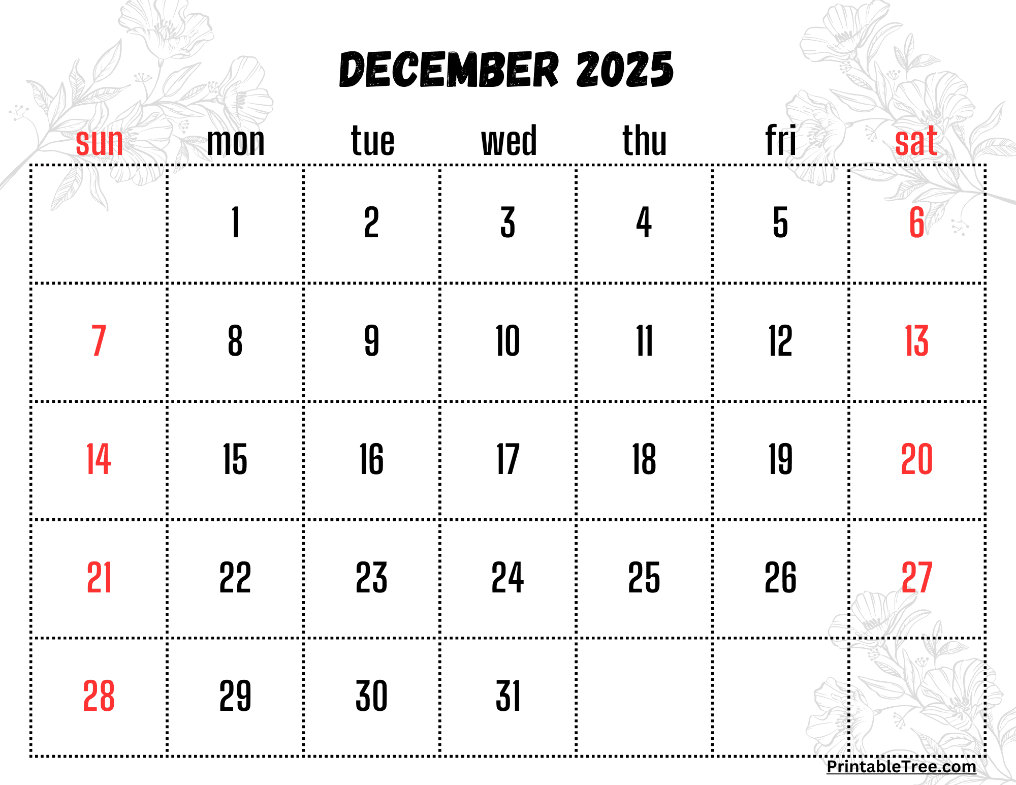 Blank December 2025 Calendar Printable