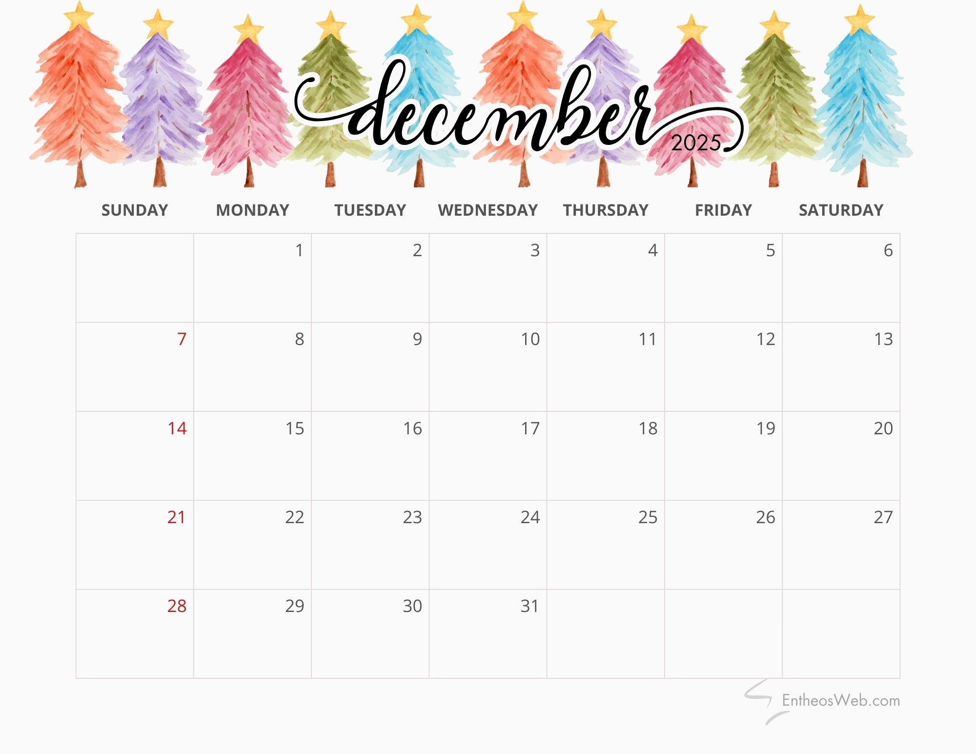 Printable Blank December 2025 Calendar