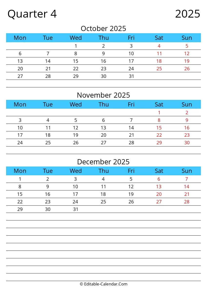 Printable Calendar Q4 2025