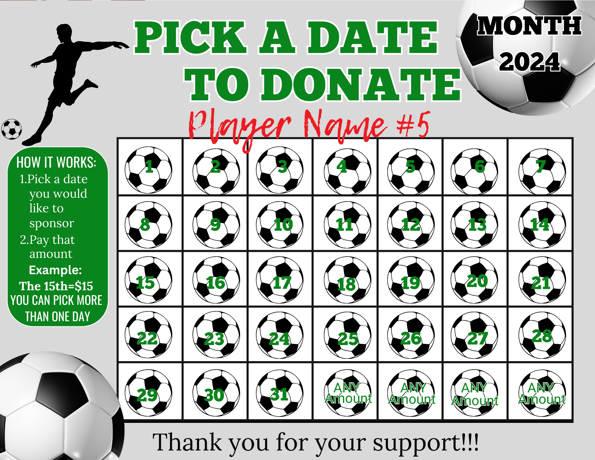 Editable Soccer Pick A Date To Donate Calendar Fundraiser INSTANT DOWNLOAD 