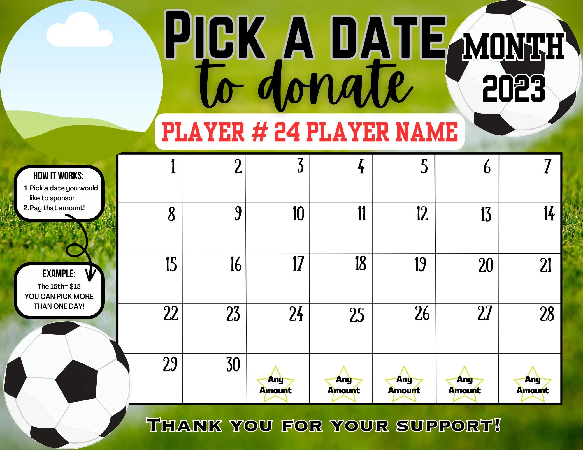 EDITABLE SOCCER Template Personalized Pick A Date To Donate Fundraiser Calendar Pay The Date Template Custom Soccer Template Etsy