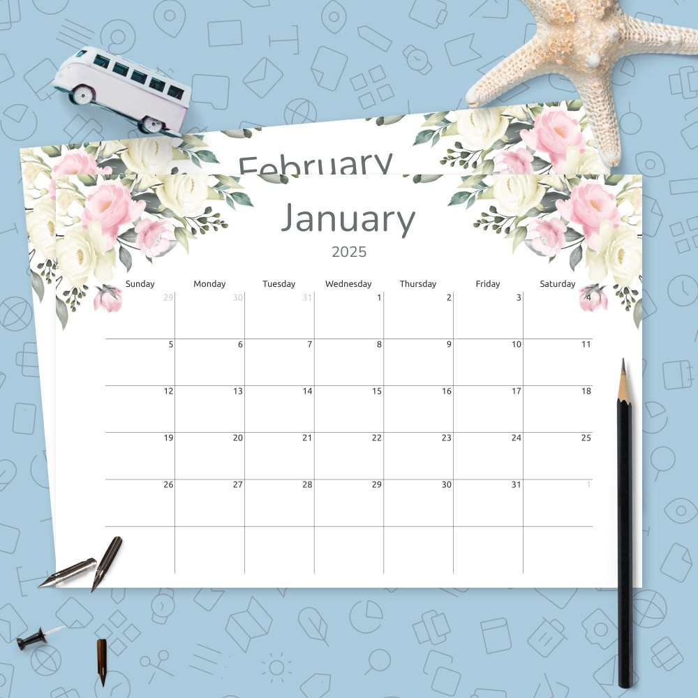 Floral Monthly Calendar Template Printable PDF
