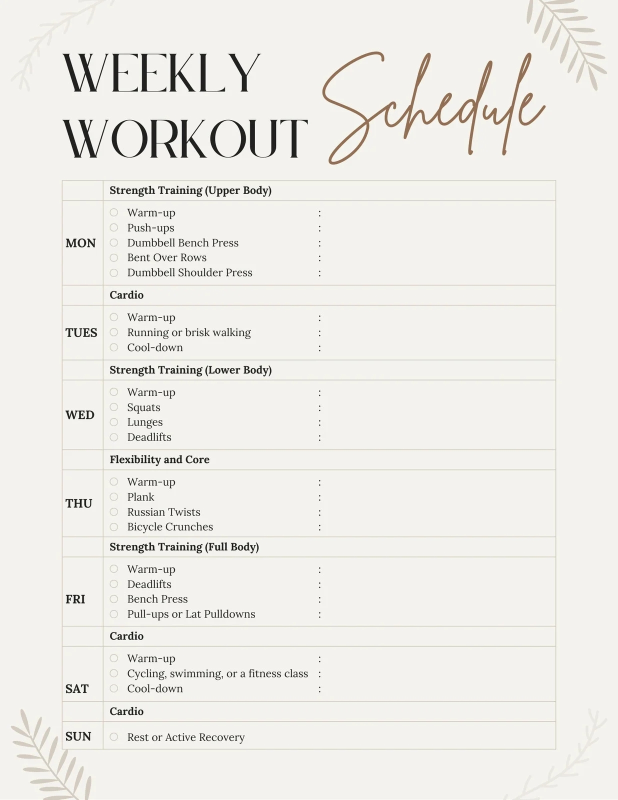 Printable Gym Calendar Plain