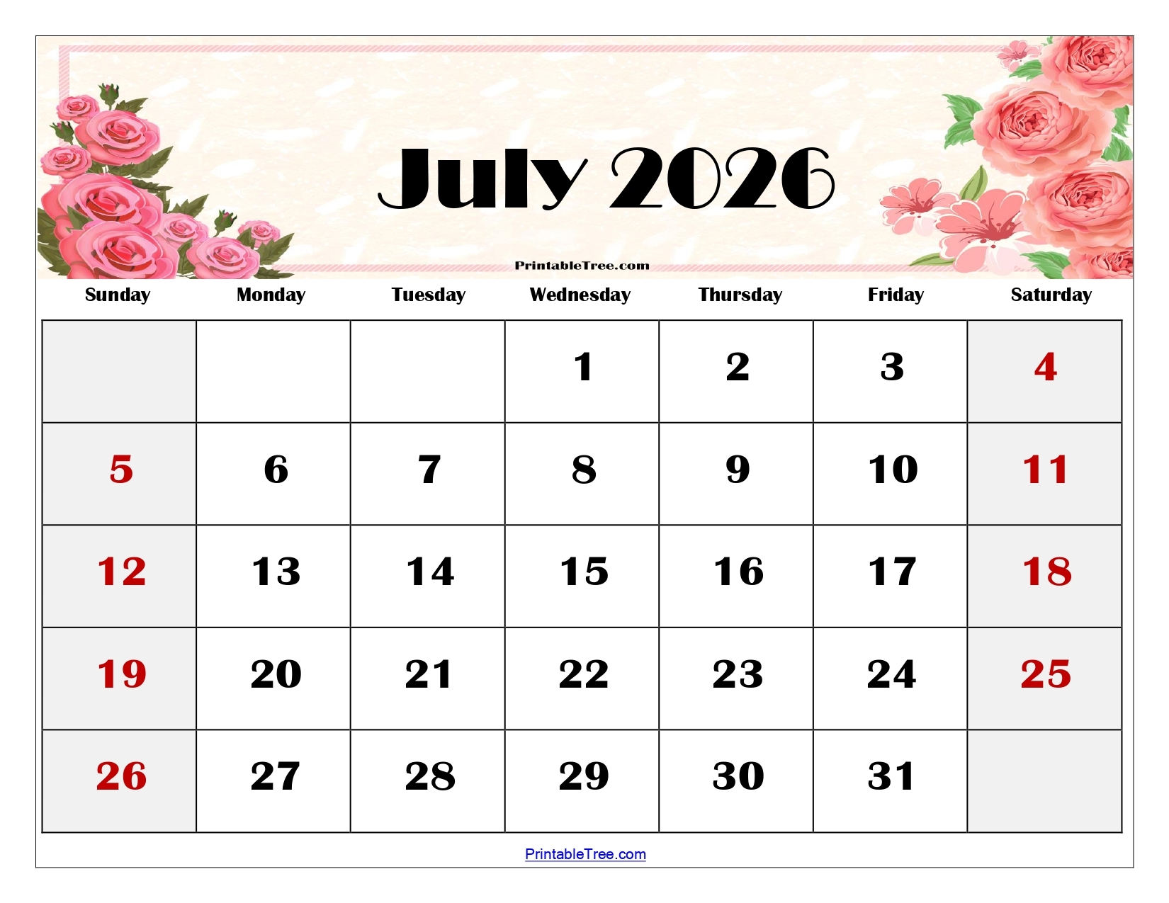 July Calendar 2026 Printable Word