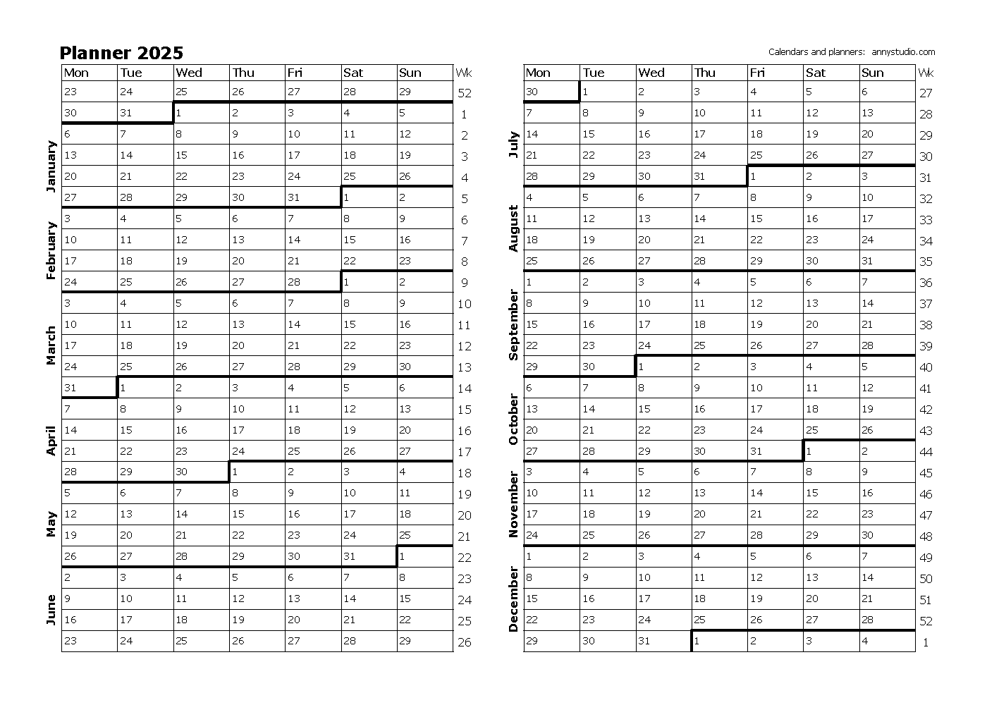 2025 Printable Annual Calendar