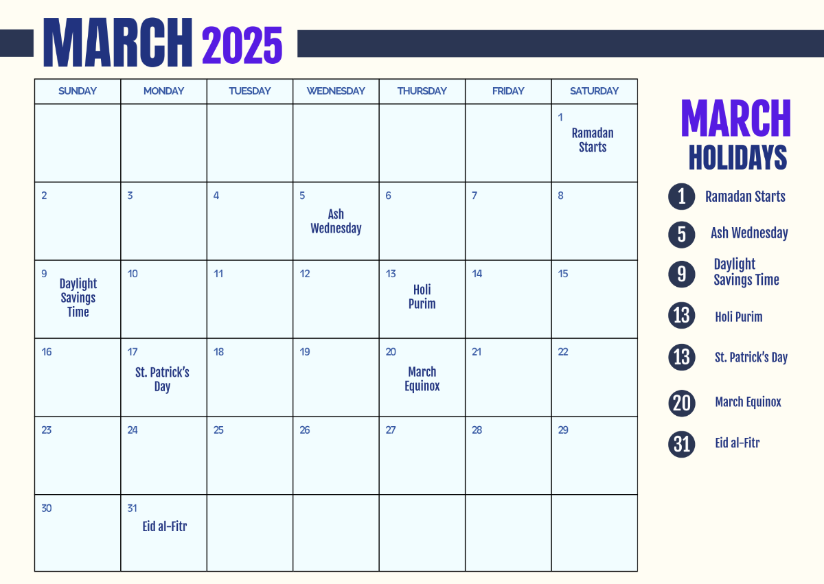 free printable march 2025 calendar with holidays template to edit online