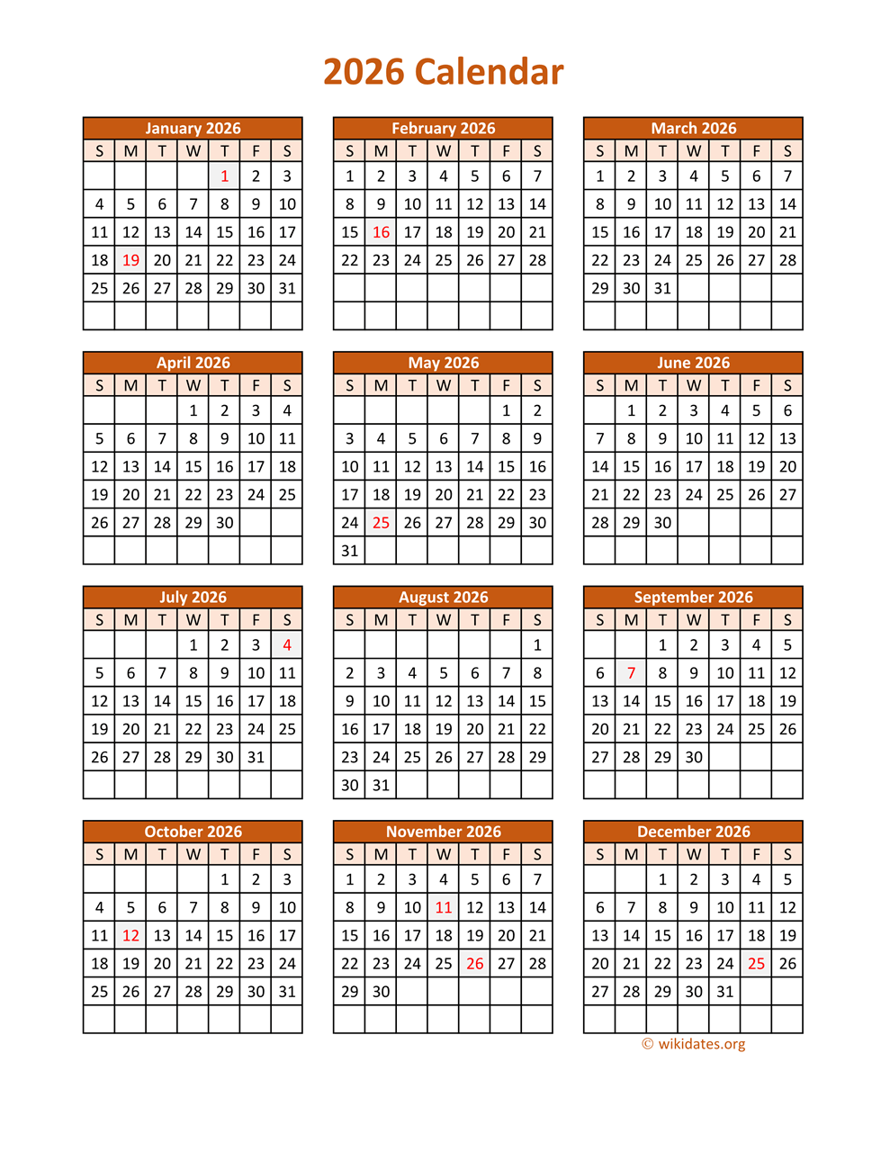 2026 Printable Calendar One Page