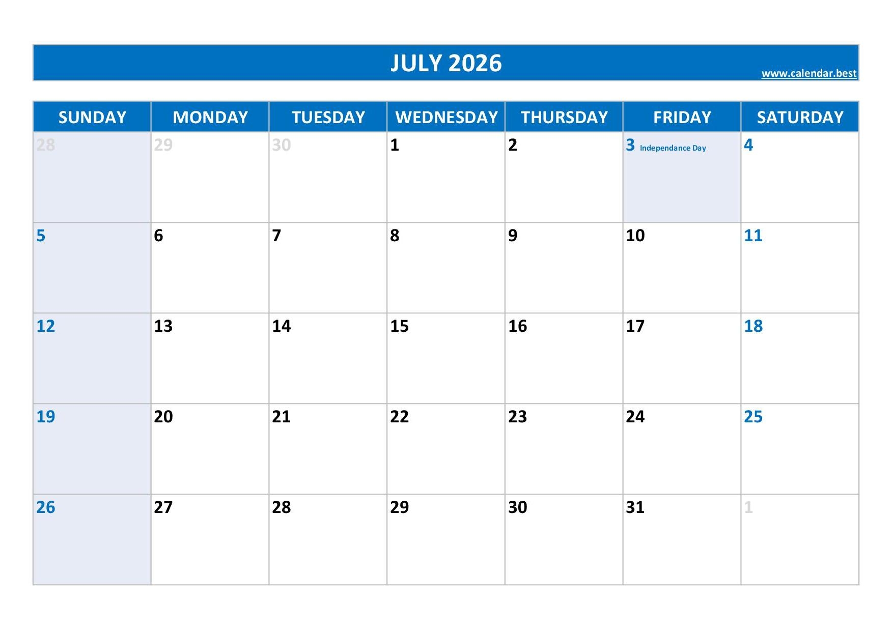July Calendar 2026 With Holidays Printable