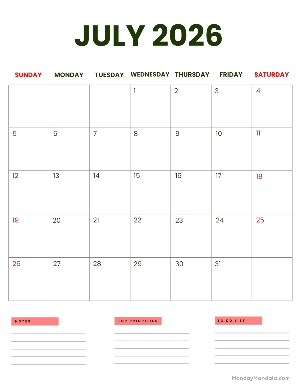 July 2026 Calendars 52 Free PDF Printables July 2026 Calendars 52 Free PDF Printables