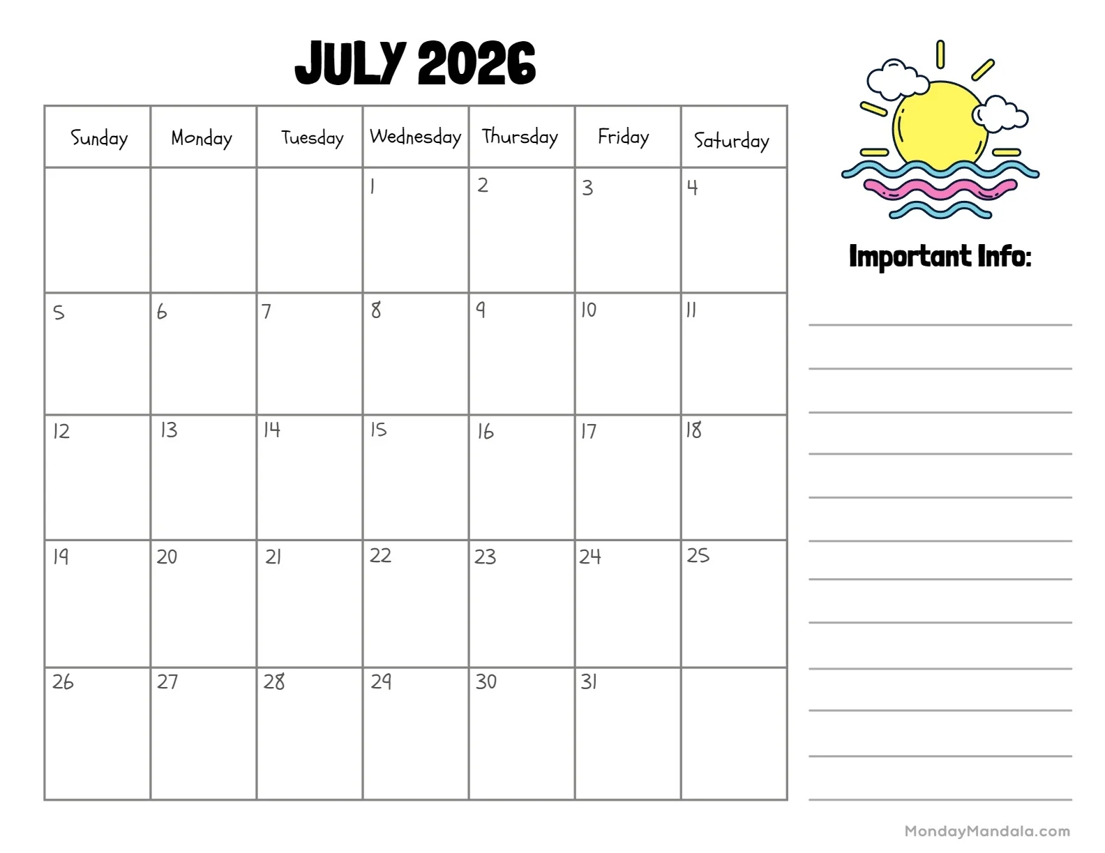July 2026 Calendars 52 Free PDF Printables July 2026 Calendars 52 Free PDF Printables