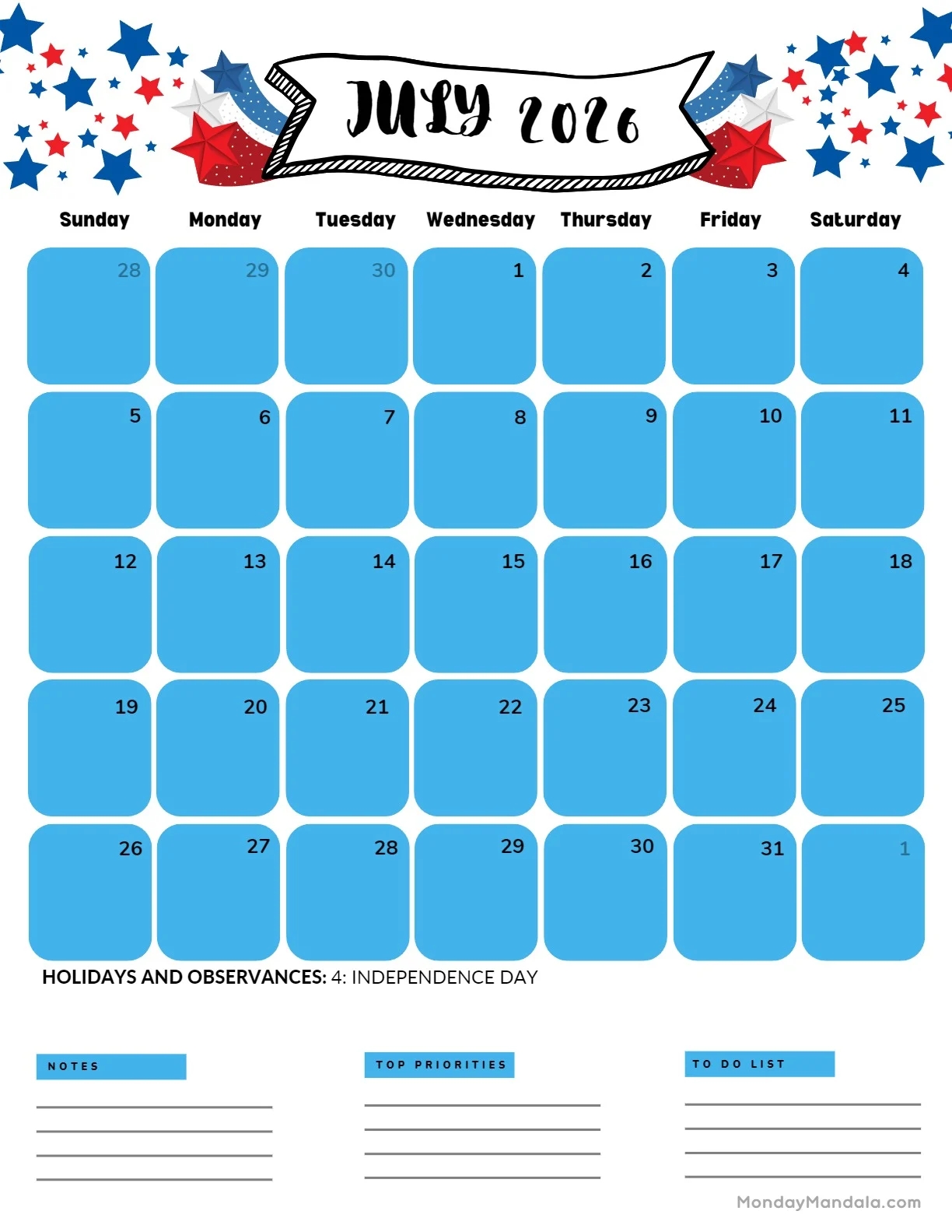 July 2026 Calendar Printable Portrait