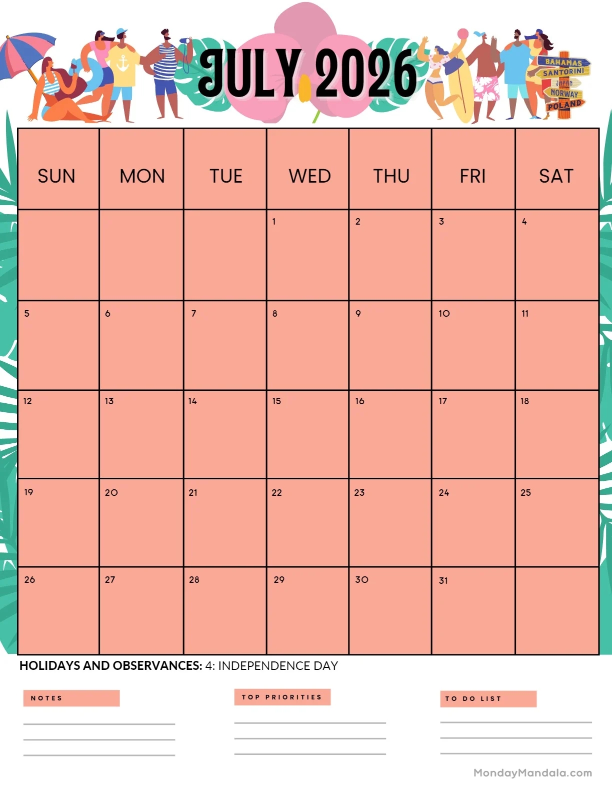 July Printable Calendar 2026 With Holidays