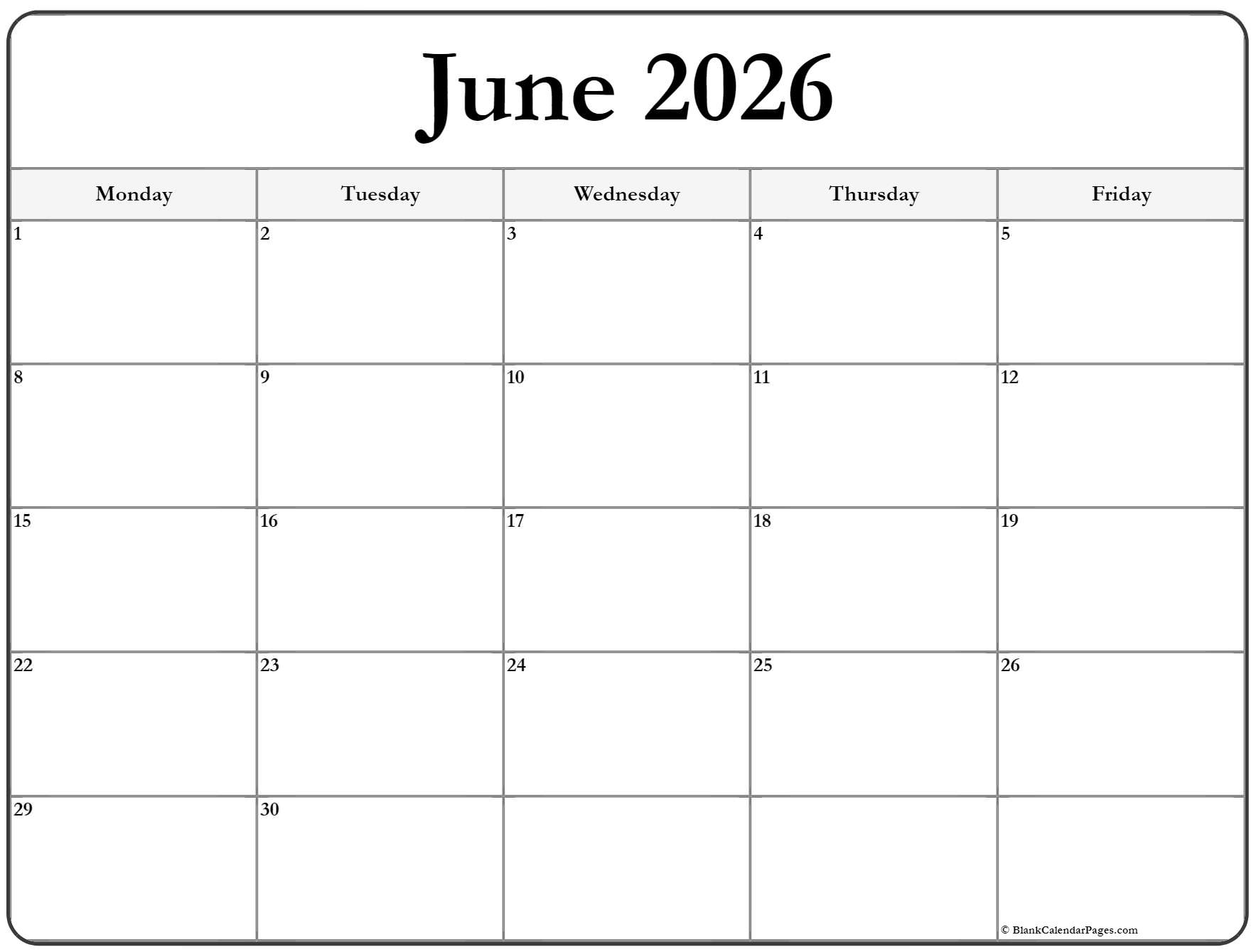 june 2026 monday calendar monday to sunday