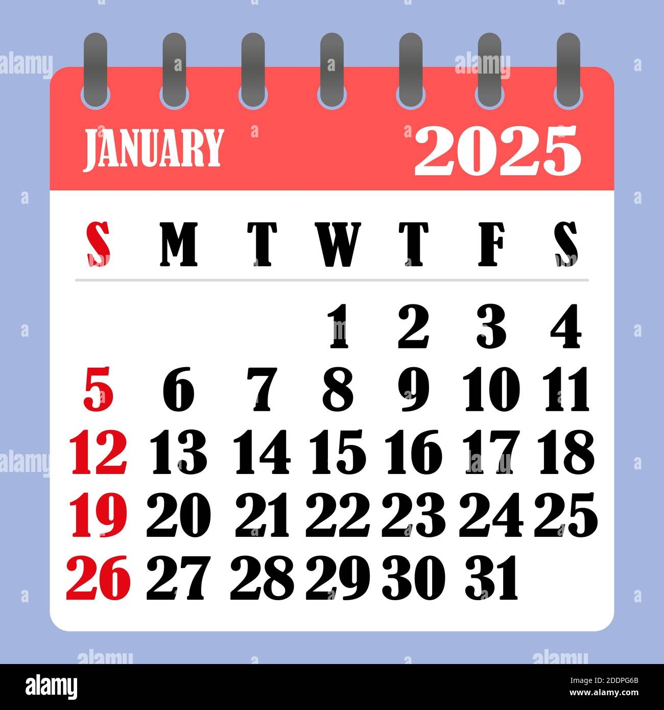 letter calendar for january 2025 the week begins on sunday time planning and schedule concept flat design removable calendar for the month vecto stock vector image art alamy