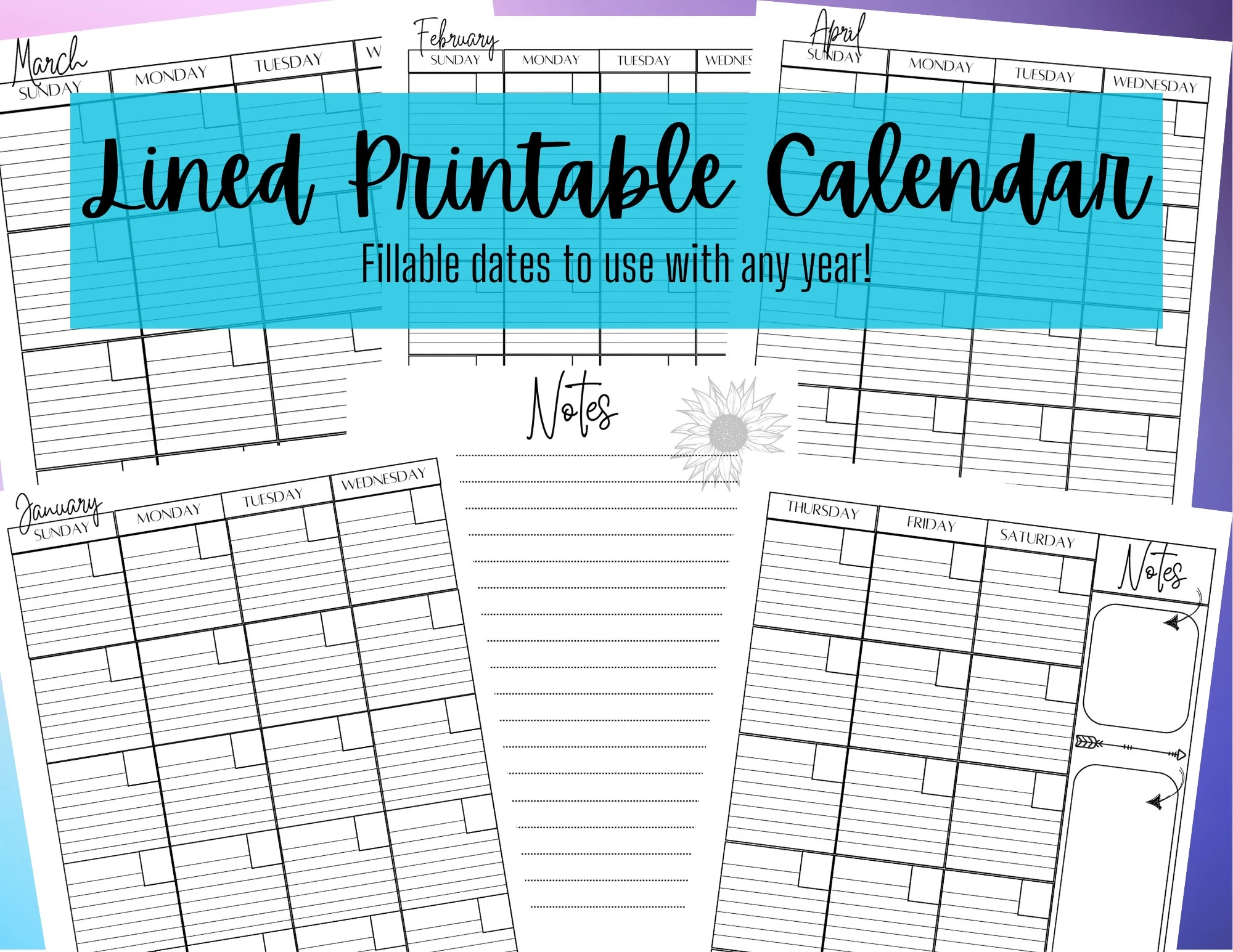Lined Monthly Calendar Portrait Printable Download Jan dec Etsy