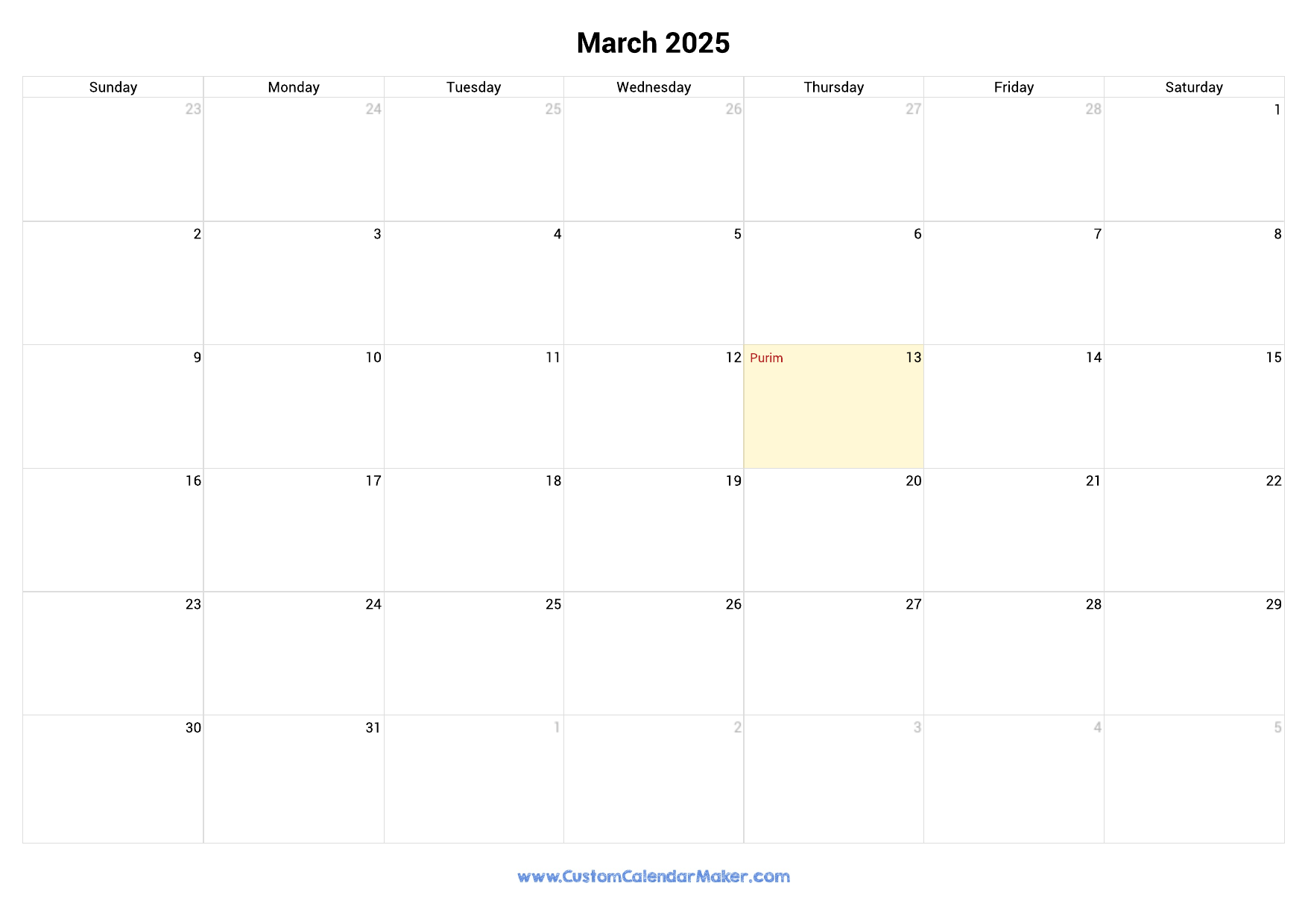 March 2025 Jewish Calendar With Hebrew Holidays Custom Calendar Maker