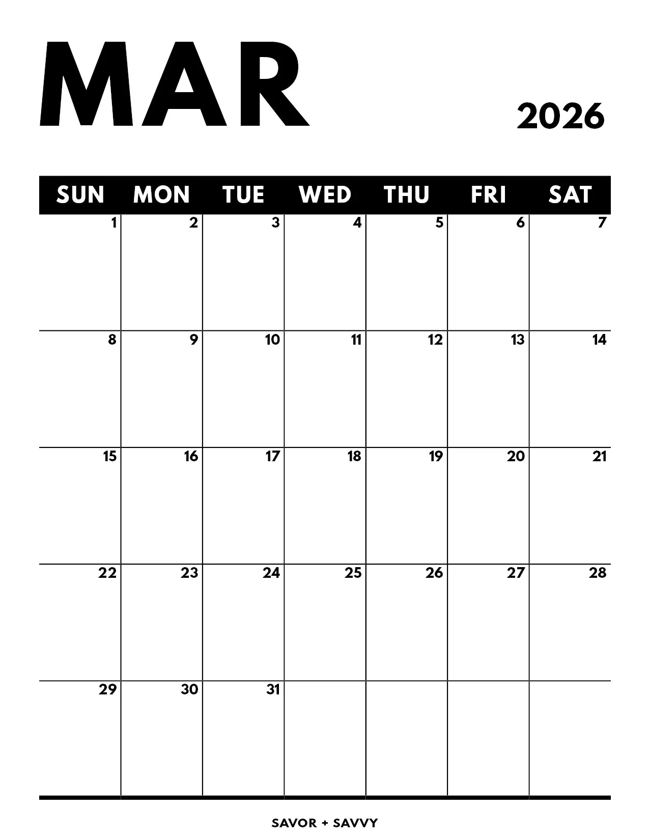 March Printable Calendar 2026