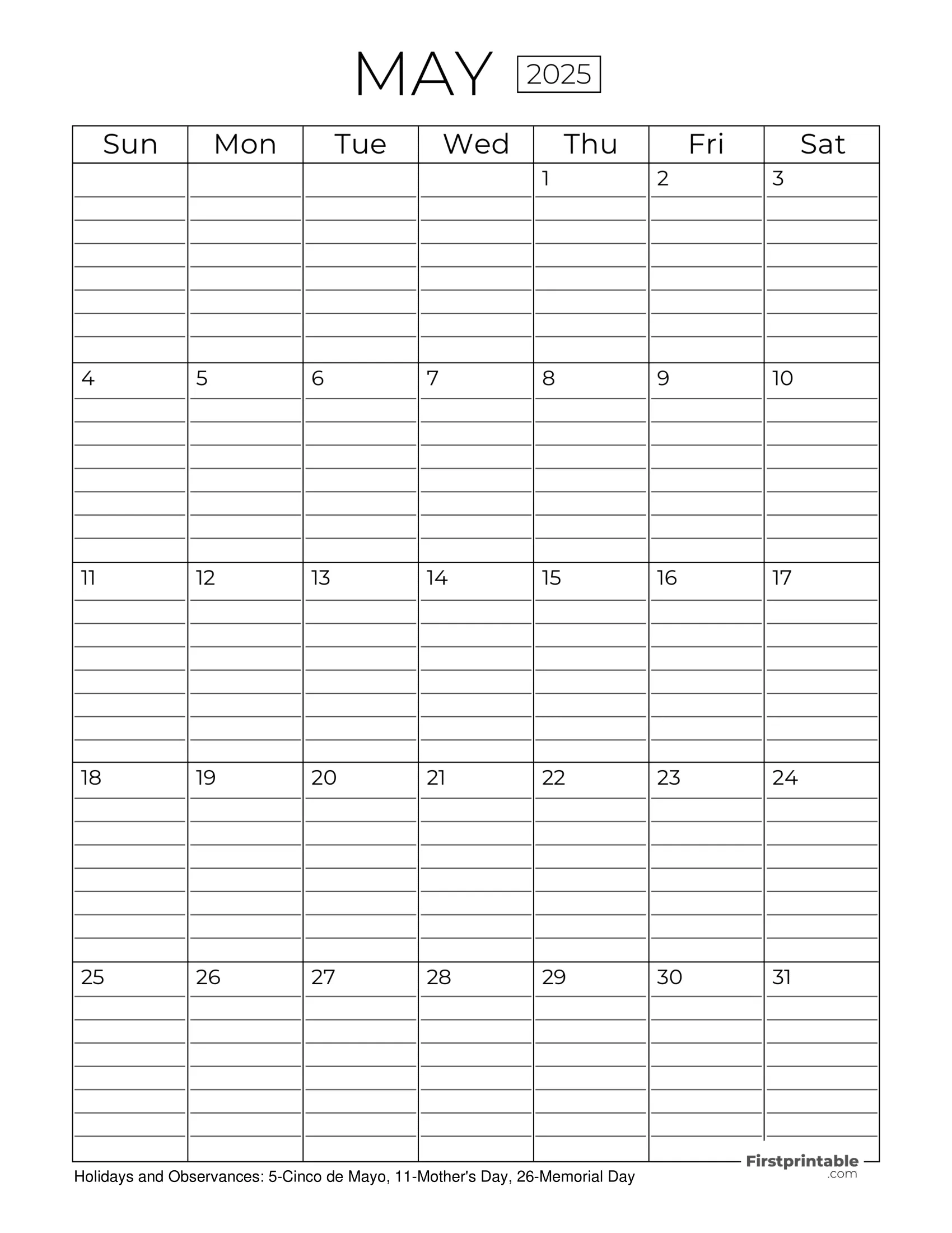May 2025 Calendars Free Printable Fillable
