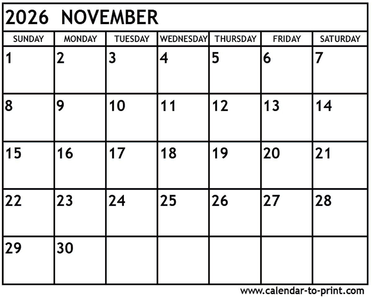 Blank Calendar 2026 November Printable