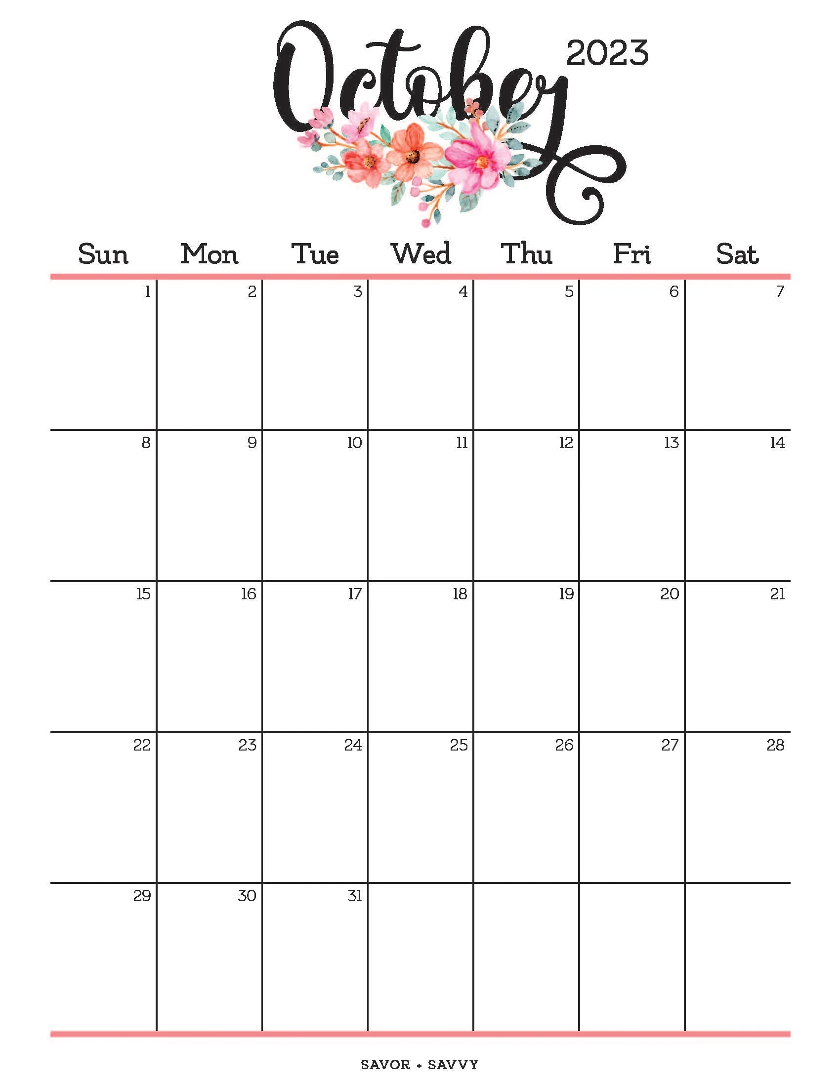October Calendar Printable Cute
