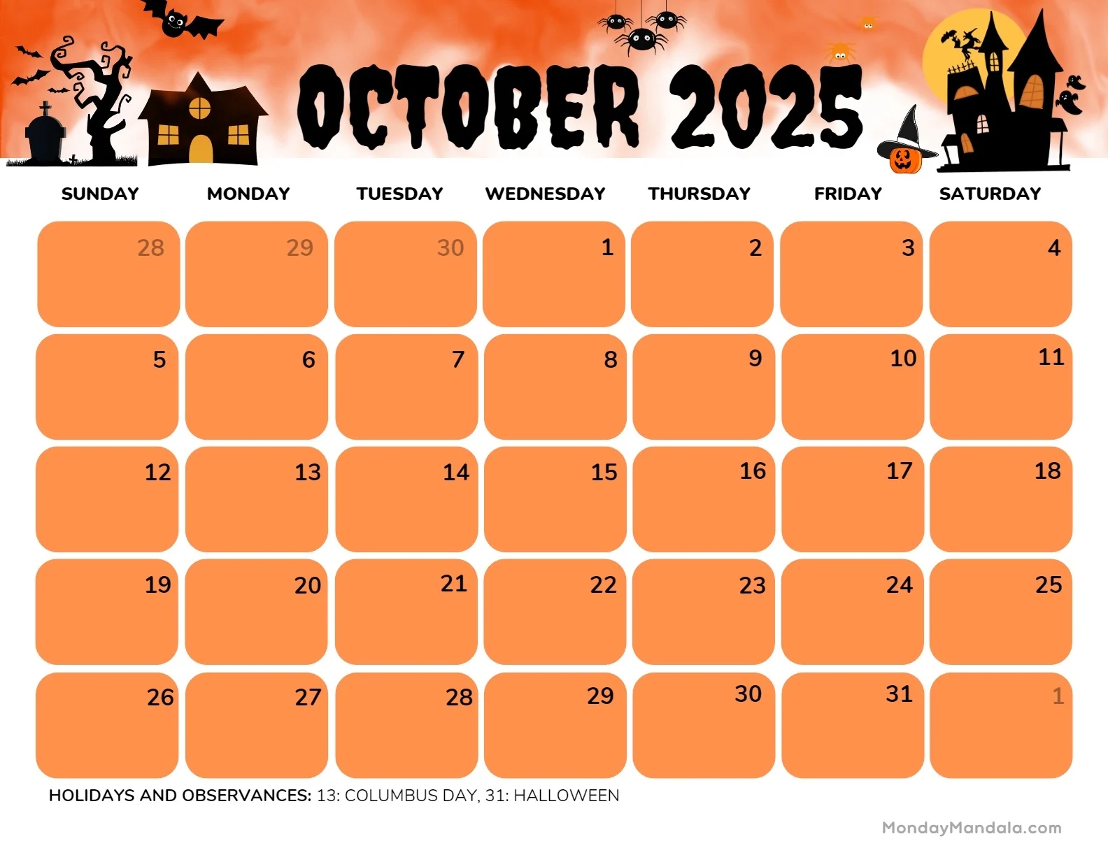 Oct 2025 Calendar Printable Free