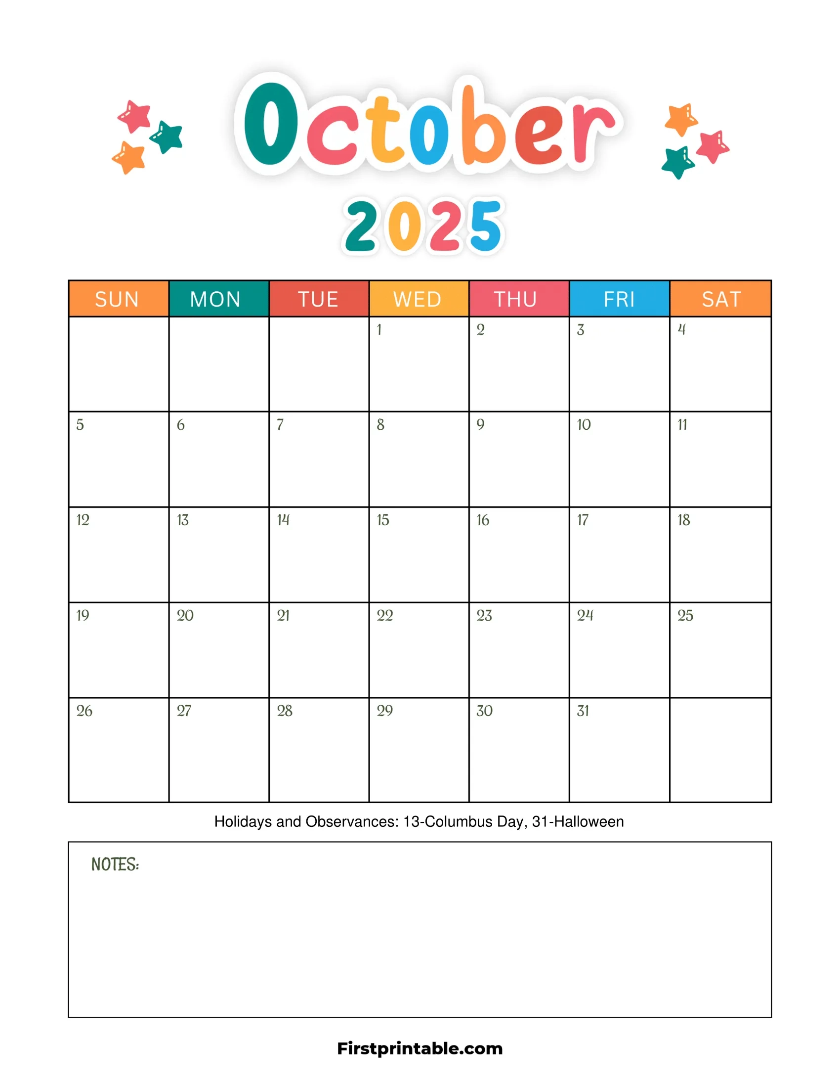 October Printable Calendar Kids