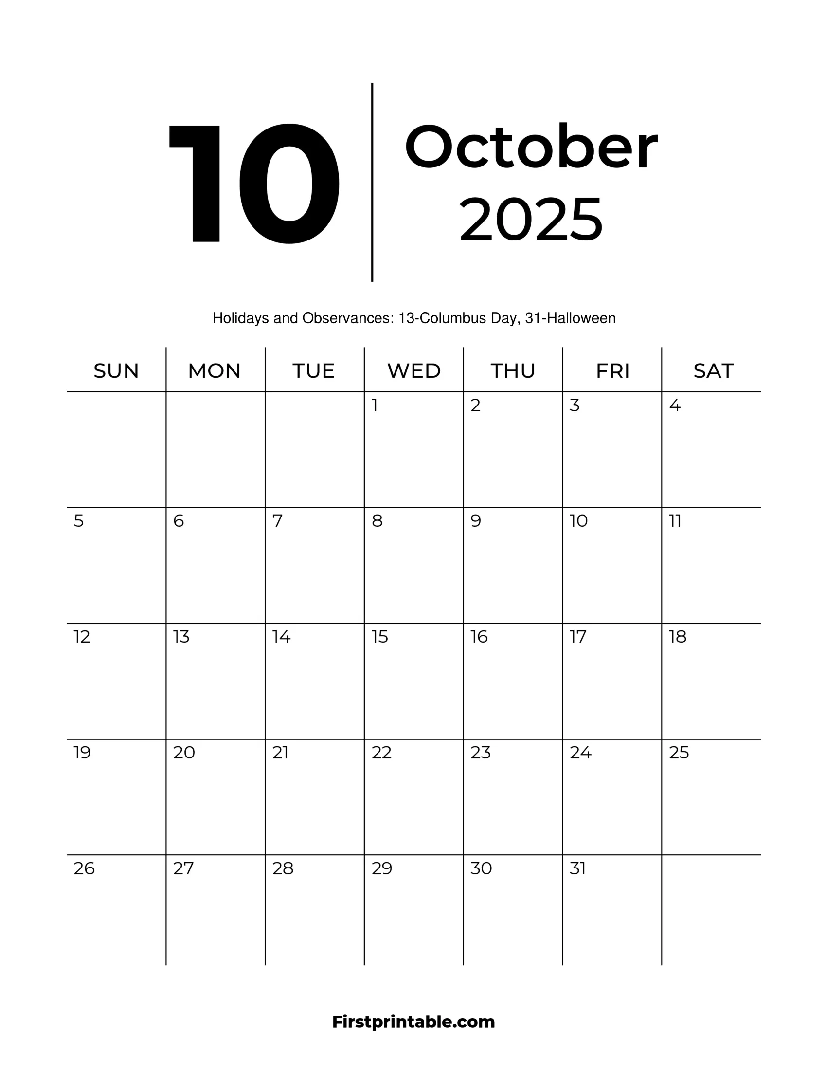 October 2025 Printable Coloring Calendar
