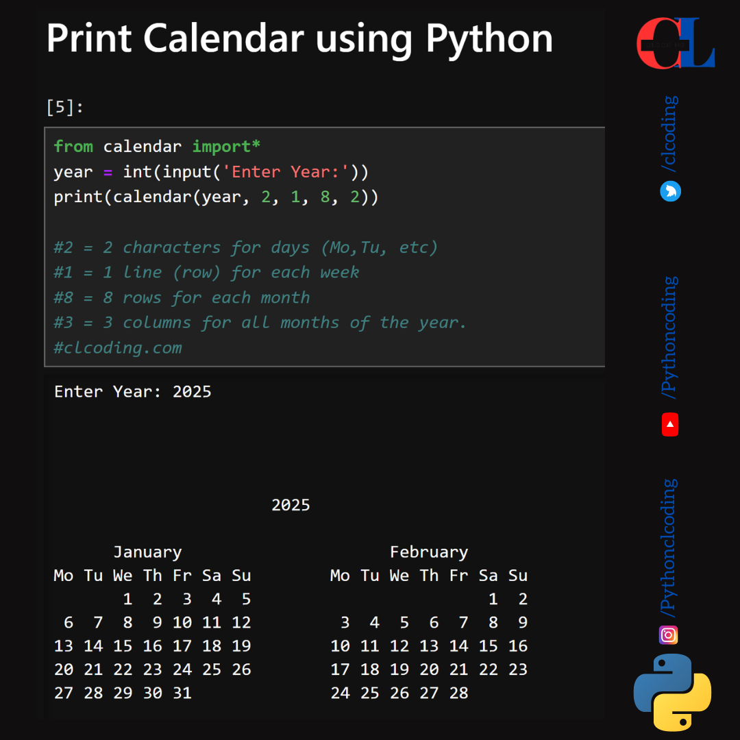 Print Calendar Using Python Computer Languages clcoding 