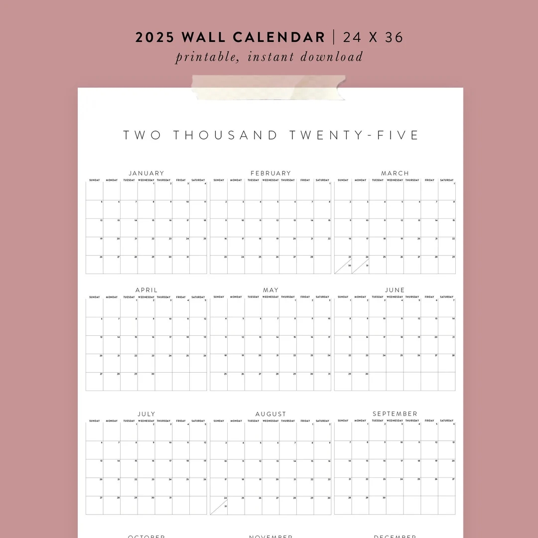 Printable 2025 Wall Calendar 24x36 Poster 01 Etsy
