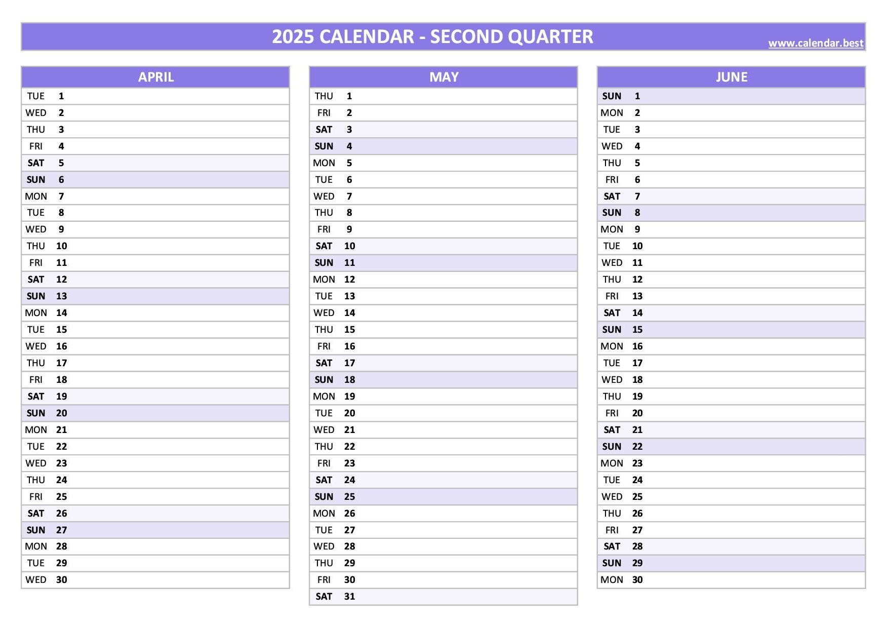 printable 2nd quarter 2025 calendar