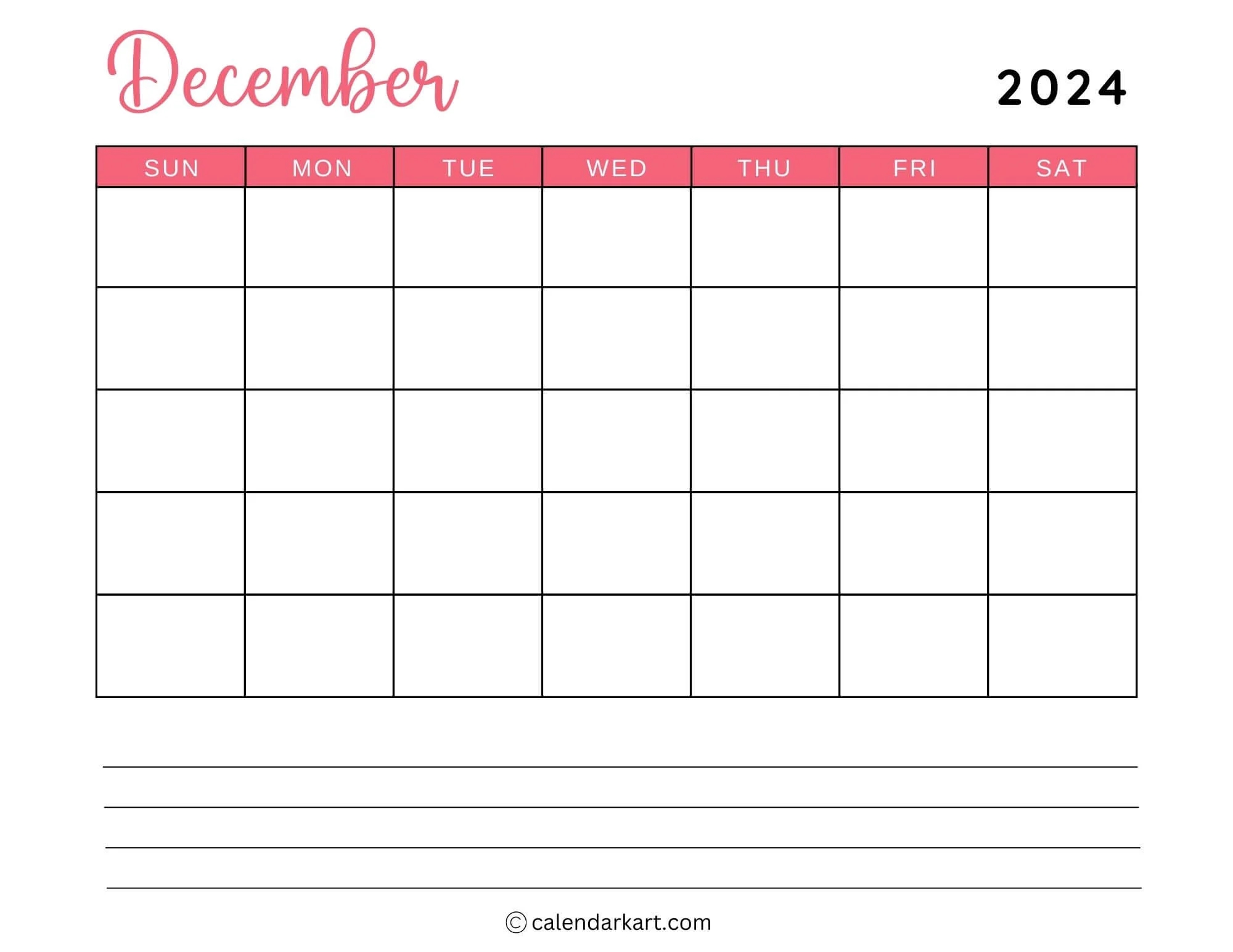 December Month Calendar Printable